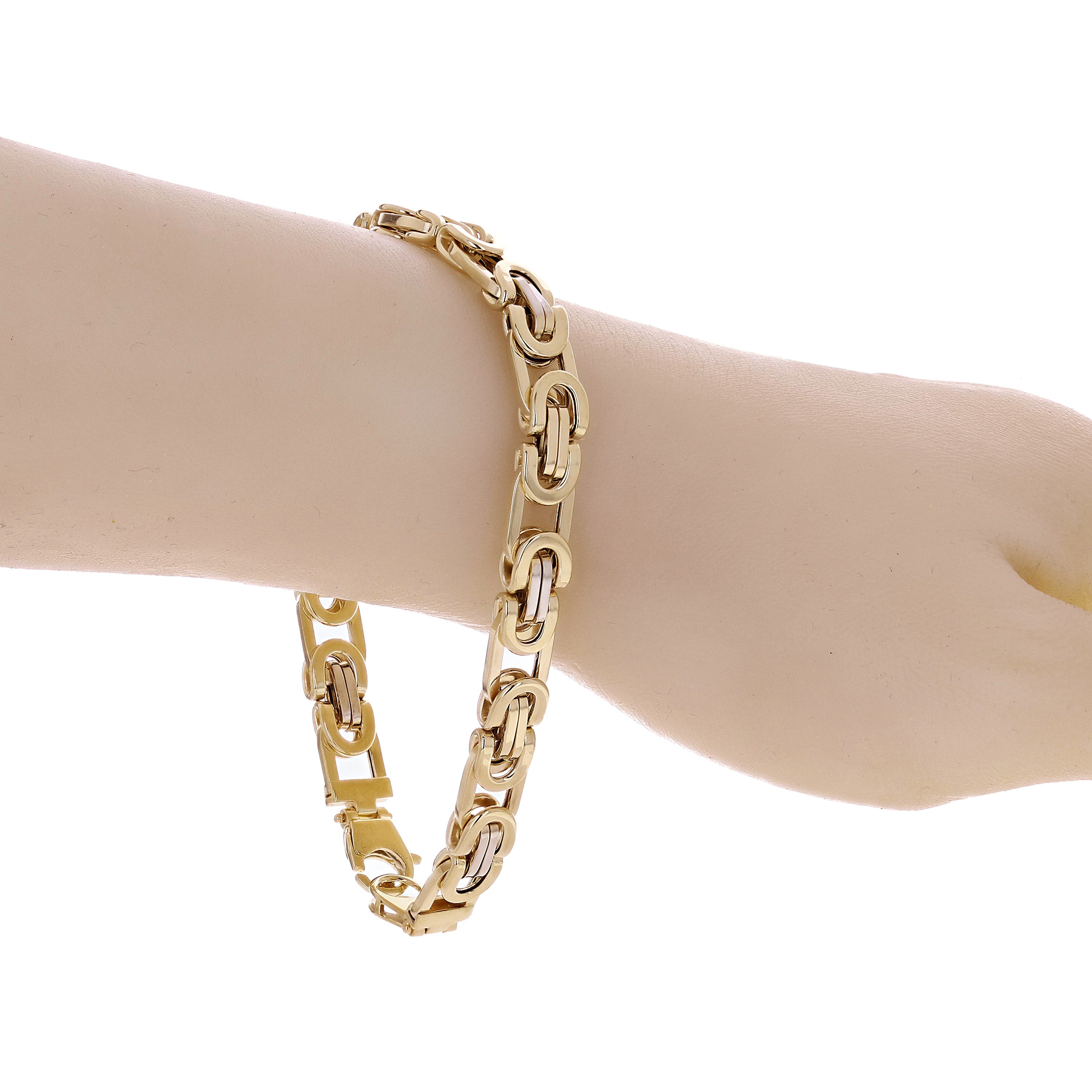 Italian 14k Two Tone Gold Hollow Byzantine Link Bracelet 9" 8.2mm 13.3 grams - 8.2mm 9"