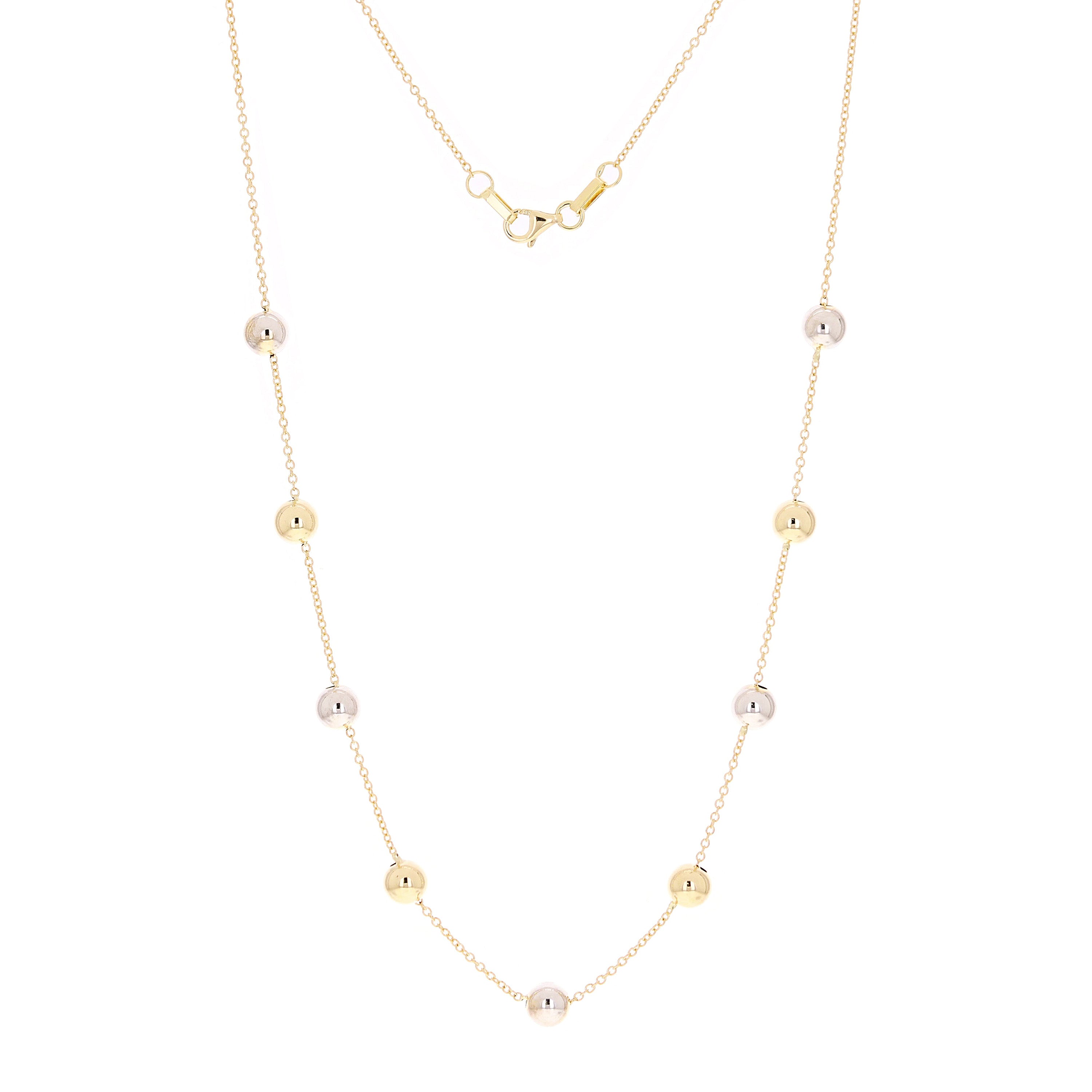 Italian 14k Yellow & White Gold Bead Station Chain Necklace 18" 6mm 3.2 grams