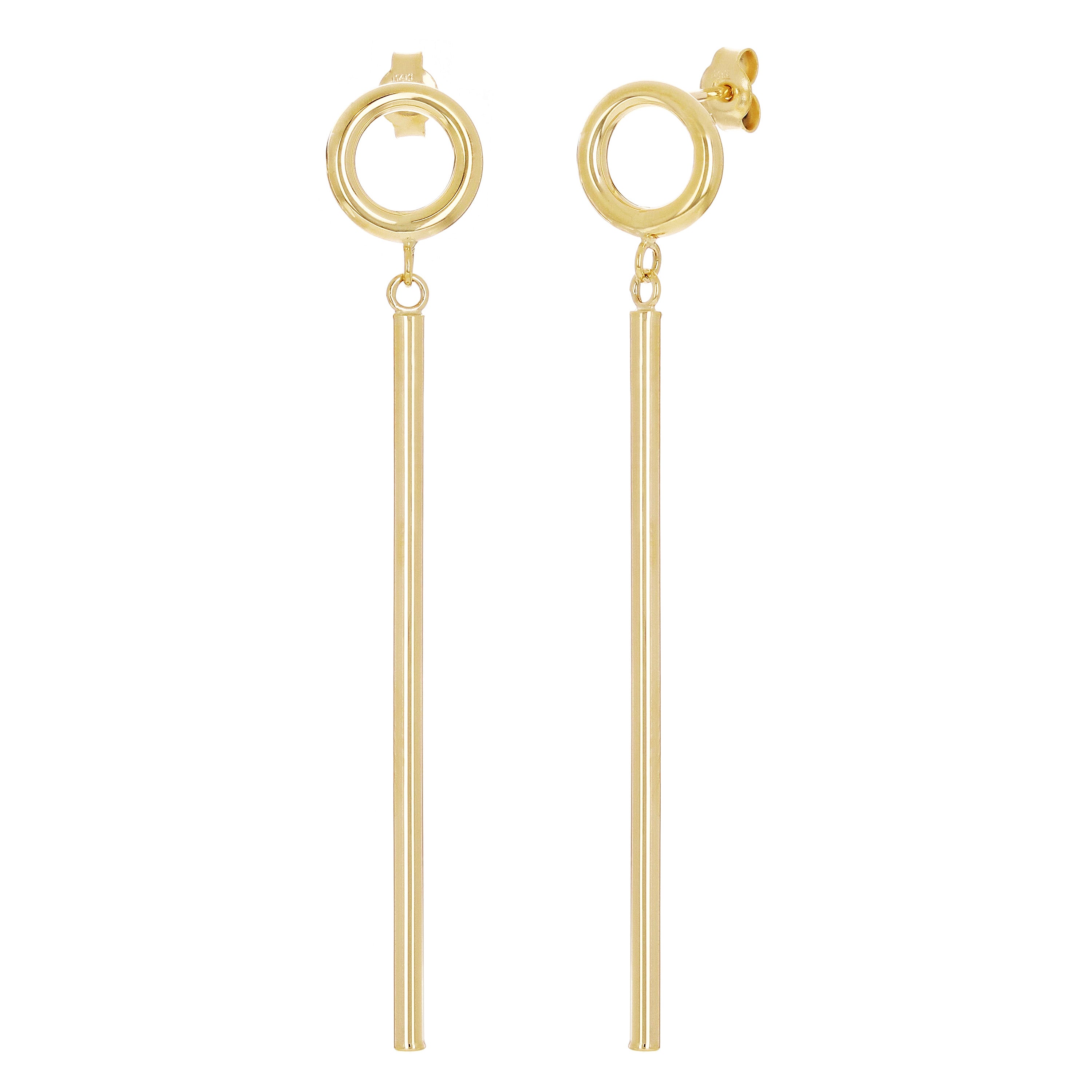 Italian 14k Yellow Gold Round & Tube Bar Dangle Drop Earrings 2.4" 2mm 1.6 grams