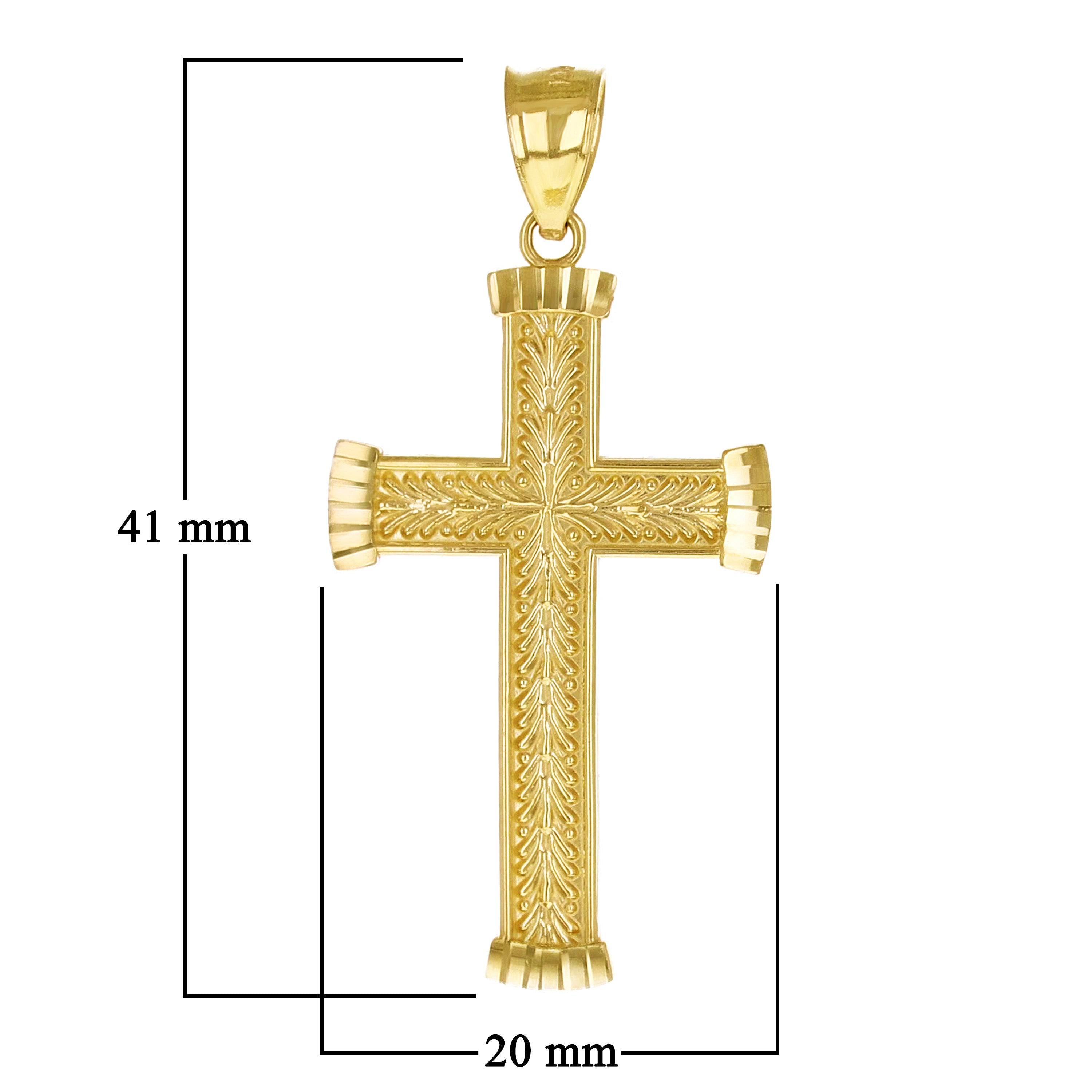 14k Yellow Gold Solid Diamond Cut Leaf Pattern Cross Pendant 1.6" 2.2 grams