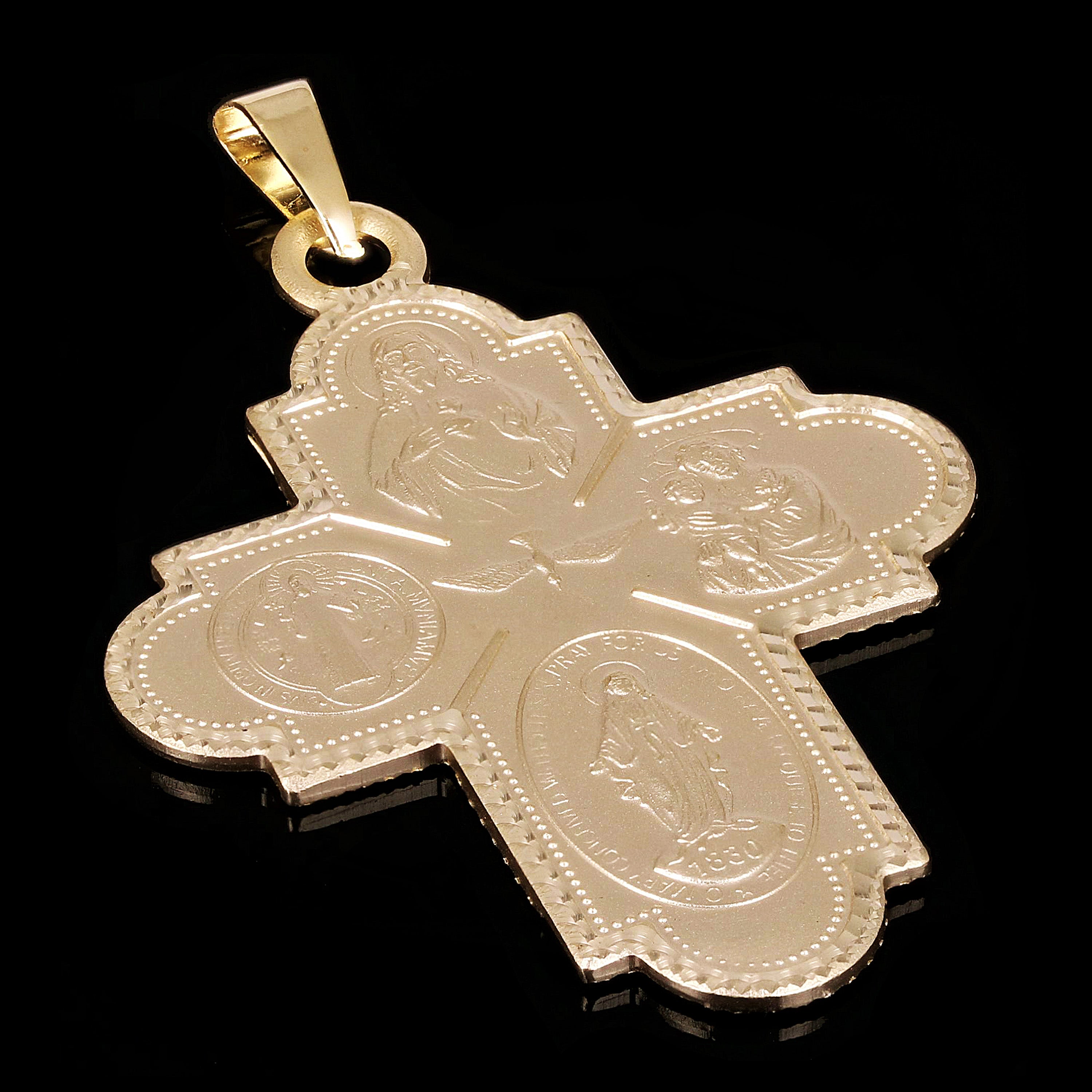 Italian 14k Yellow Gold Holy Spirit 4-Way Cross Medal Pendant 1.9" 8.6 grams - 1.9"