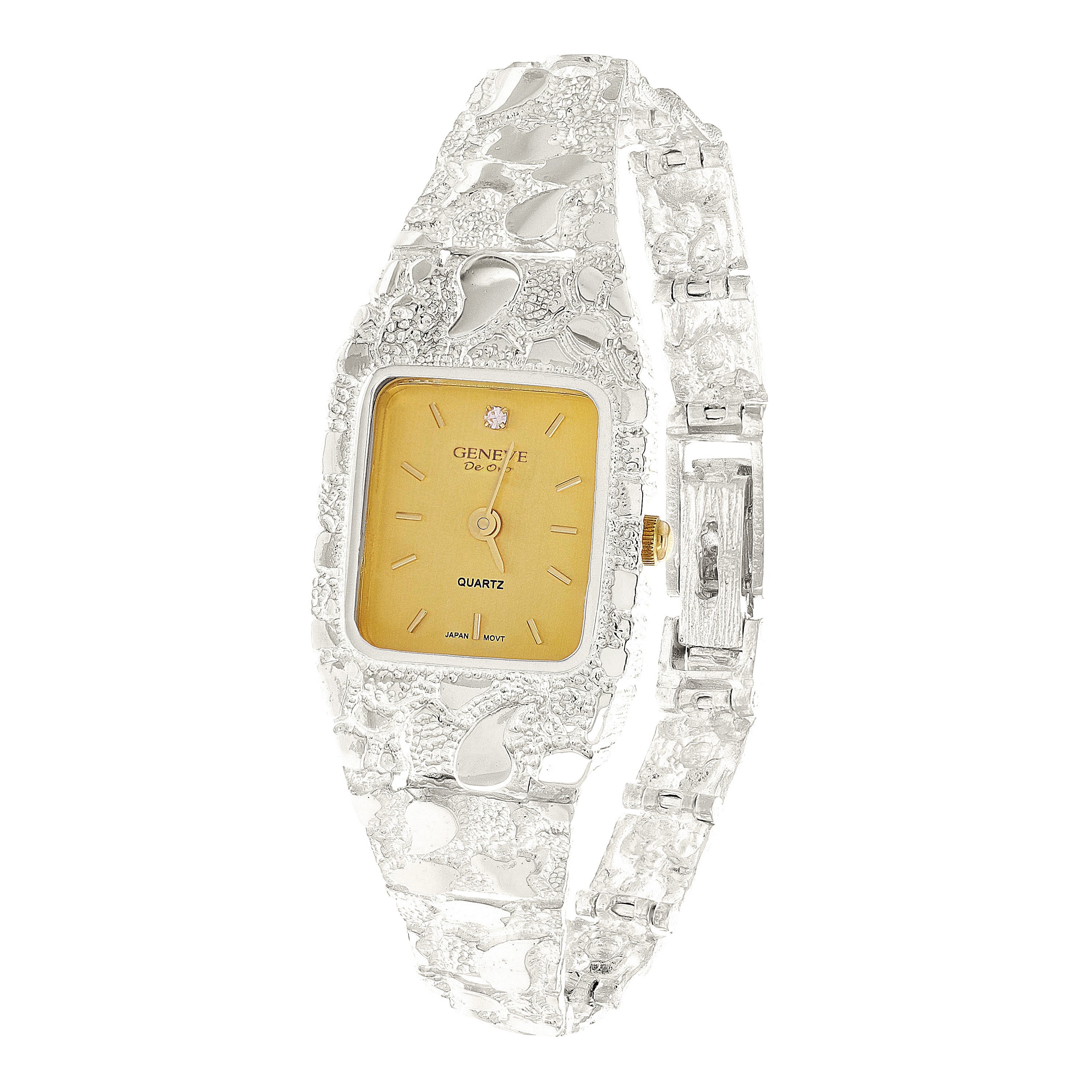 Women's 925 Sterling Silver Nugget Link Geneve Diamond Wrist Watch 7.25-7.75"