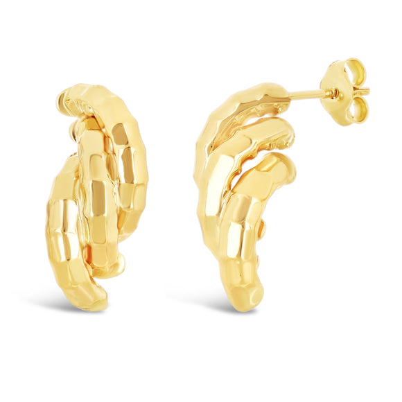 Italian 14k Yellow Gold Bamboo Texture Triple Macaroni Link Stud Earrings - Yellow