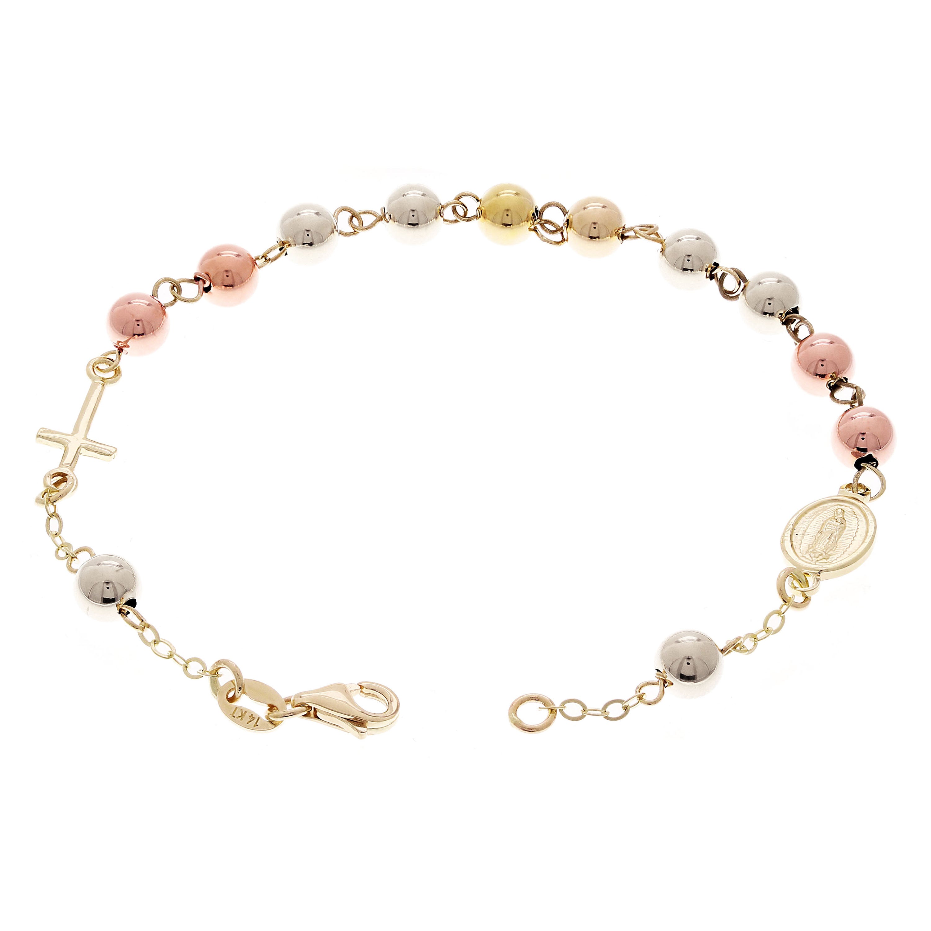 Italian 14k Tri-Color Gold Miraculous Medal Charm Rosary Bracelet 7.75" 5mm 3.4g