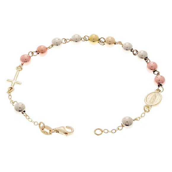 Italian 14k Tri-Color Gold Miraculous Medal Charm Rosary Bracelet 7.75