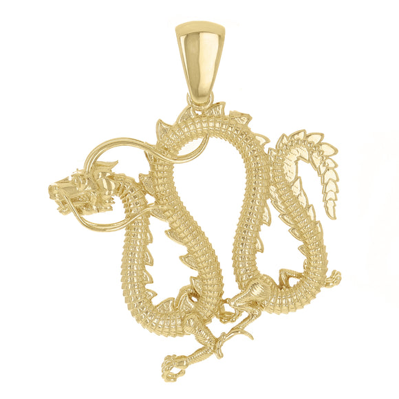 14k Yellow Gold Solid Detailed Good Luck 3D Dragon Charm Pendant 1.8