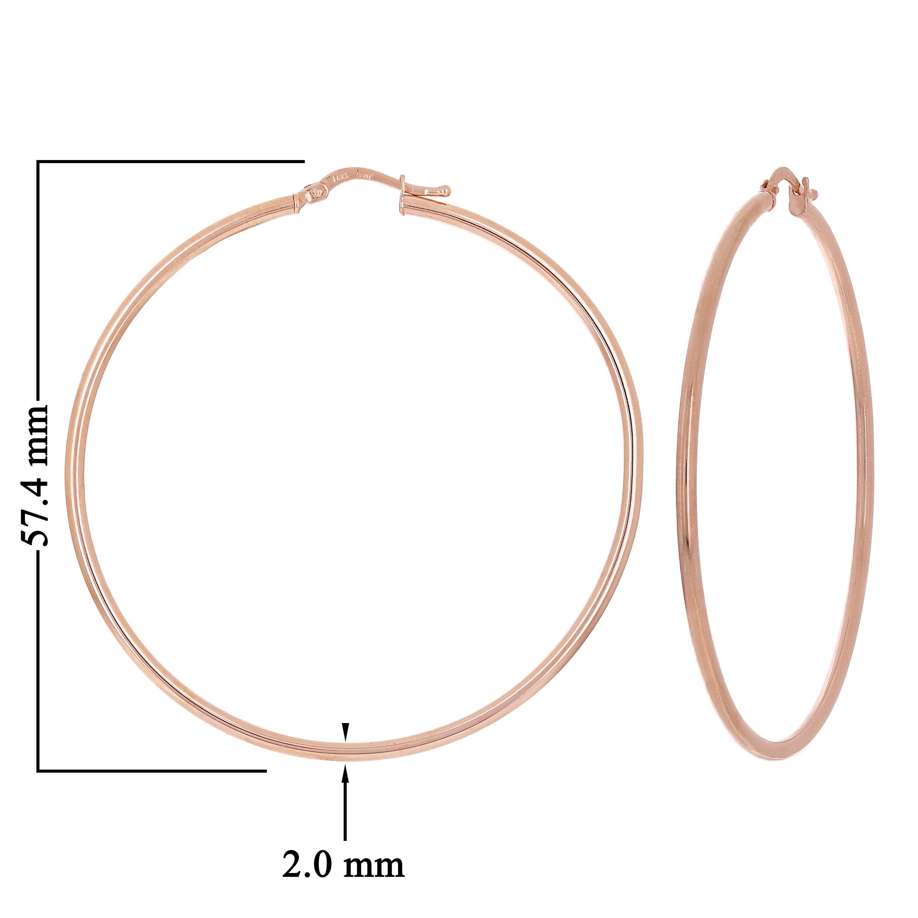 Italian 14k Rose Gold High Polished Plain 2mm Hollow Hoop Earrings 2.3" 3.4grams - Rose,Size 2.3" 3.4 grams