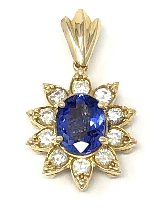 14k Yellow Gold Oval Tanzanite & Diamond Flower Charm Pendant 0.85 CTW 5 grams