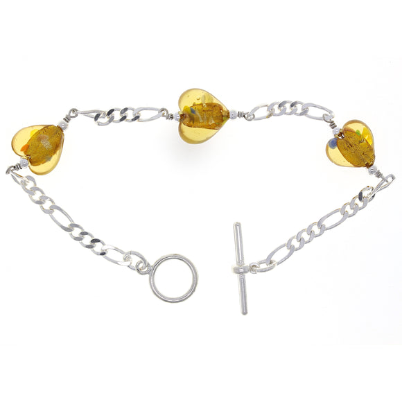 925 Sterling Silver Triple Yellow Heart Murano Glass Charm Figaro Bracelet 7