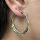 Italian 14k Yellow & White Gold Plain&Twisted Hoop Earrings 1.5" 3.8mm 3.1 grams