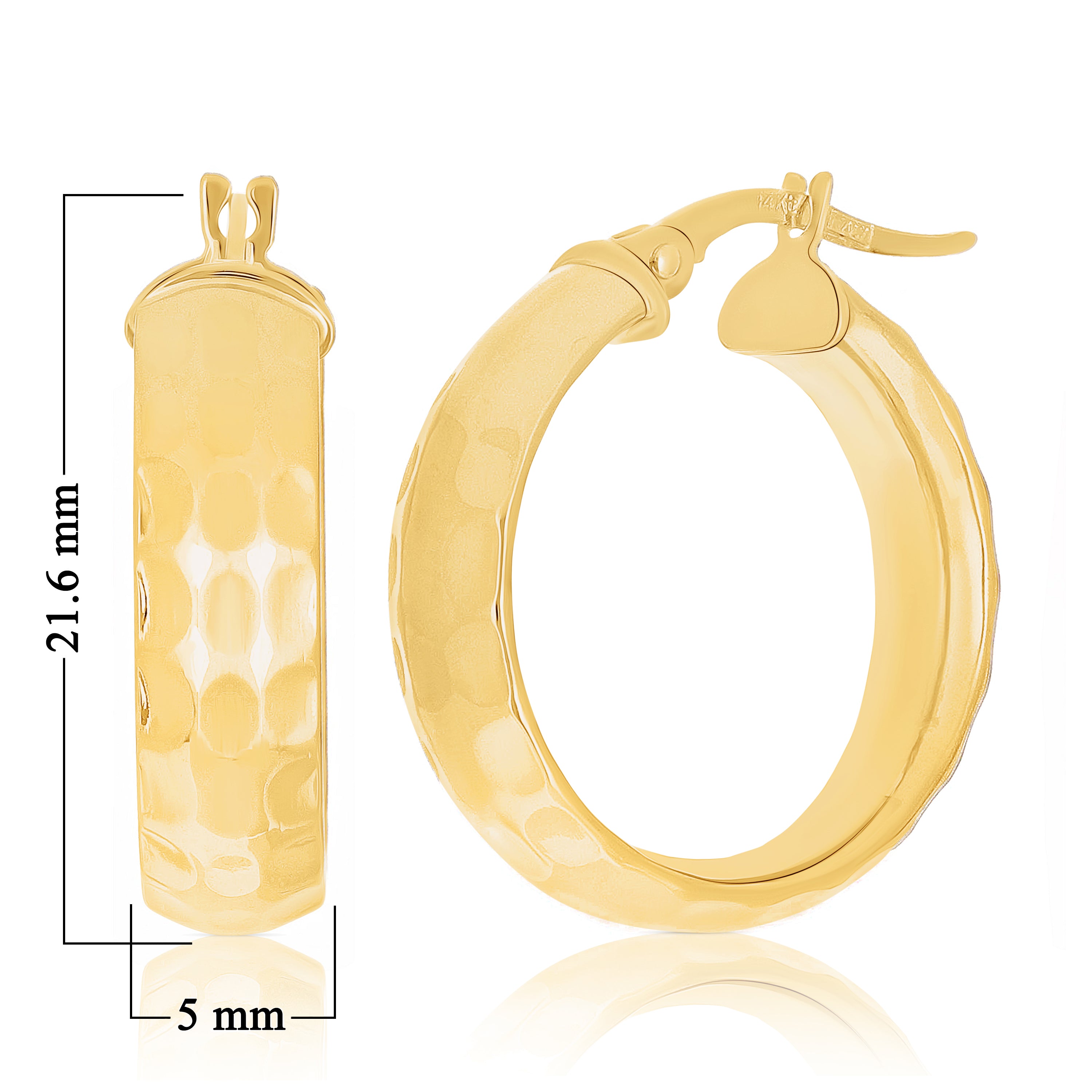 Italian 14k Yellow Gold Polished Hammered Rounded Flat Medium Hoop Earrings