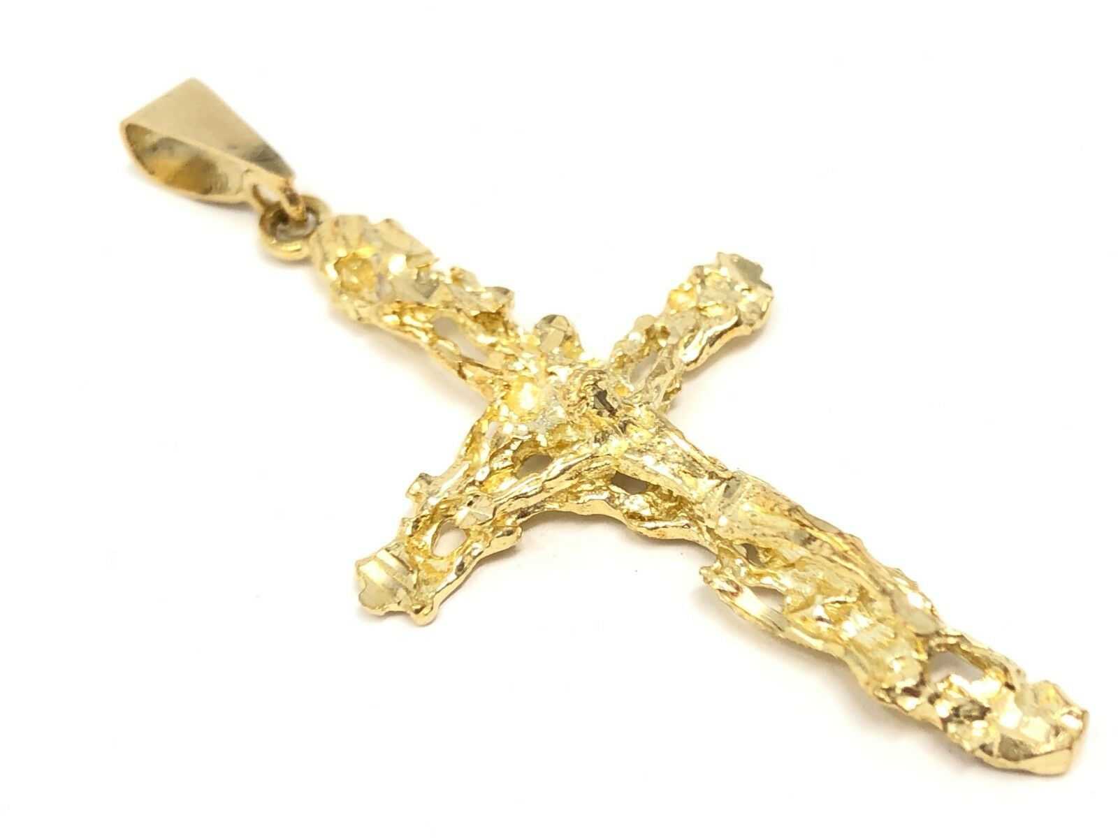 10k Yellow Gold Crucifix Nugget Cross Charm Pendant Religious 2" 4 grams