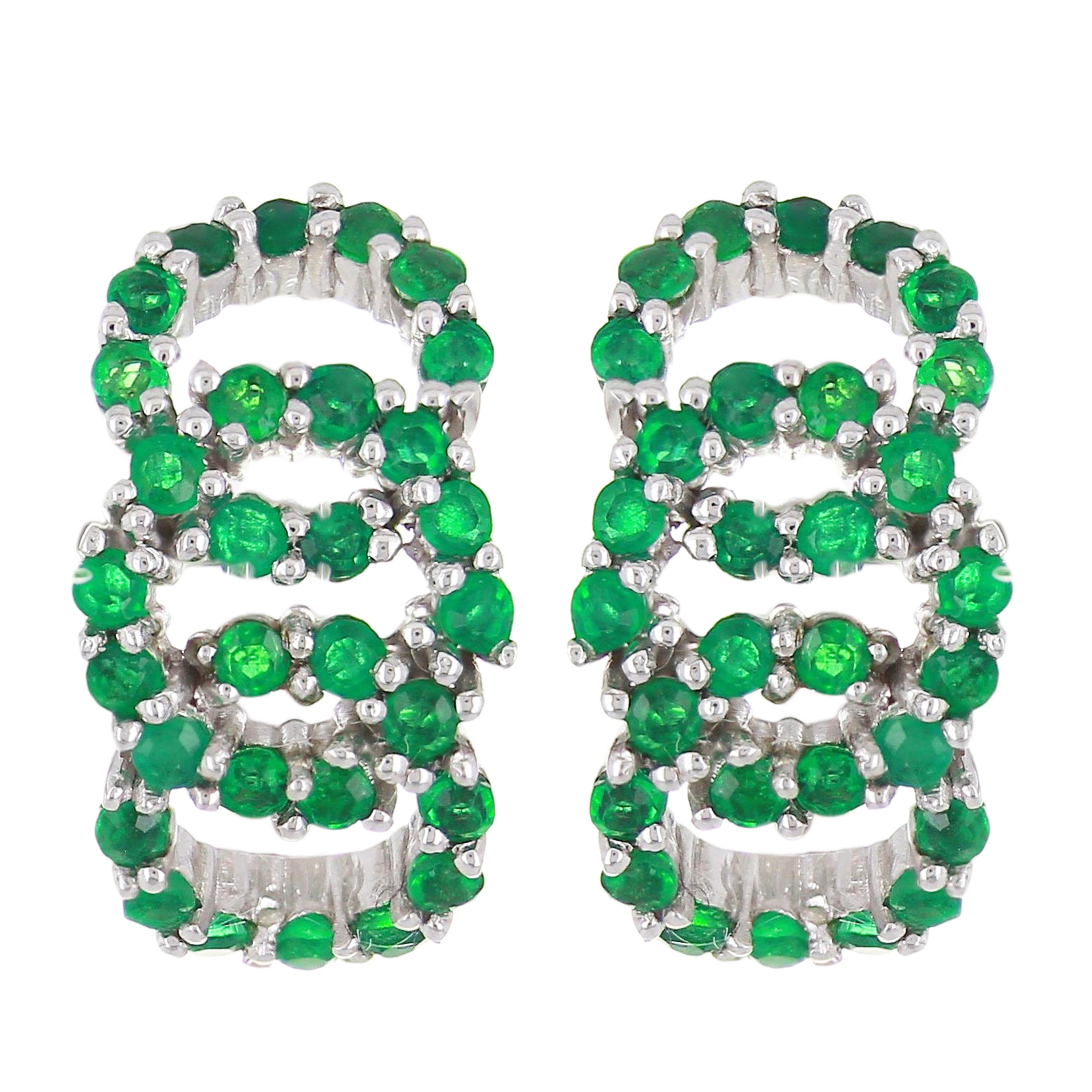 14k White Gold Emerald Eternity Circle Pave Huggie Hoop Earrings
