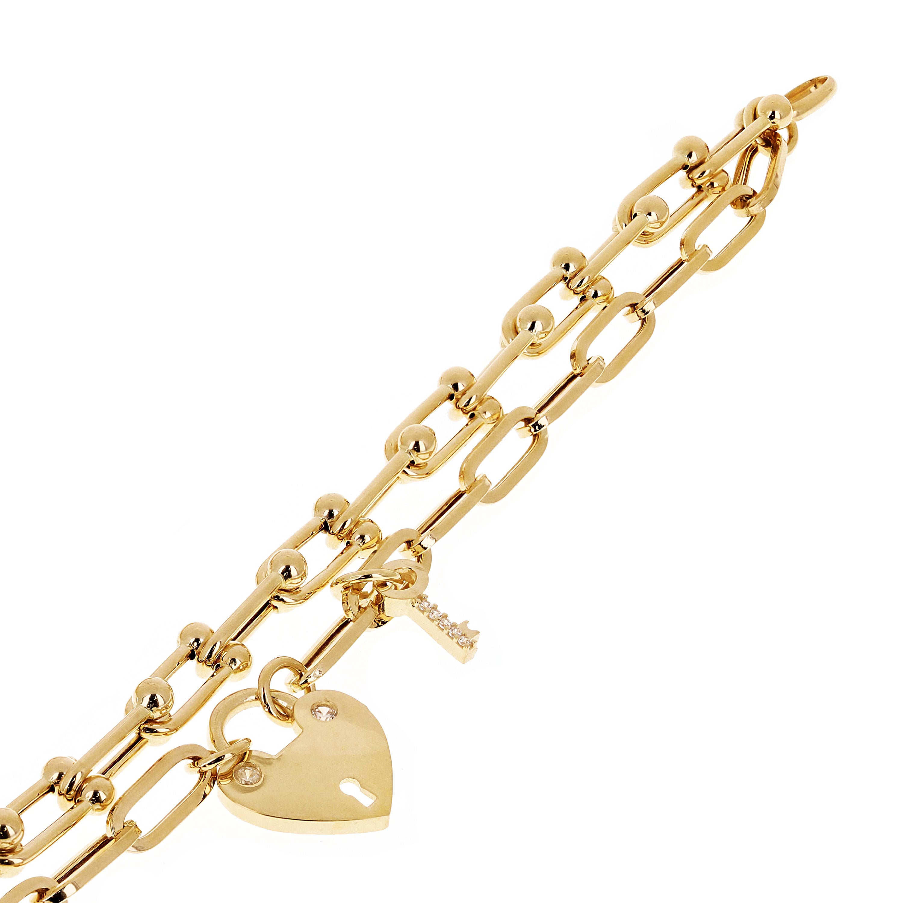 Italian 14k Yellow Gold Double U Shape Hardwear Link Heart&Key Charm Bracelet 8" - 8" 12.2 grams