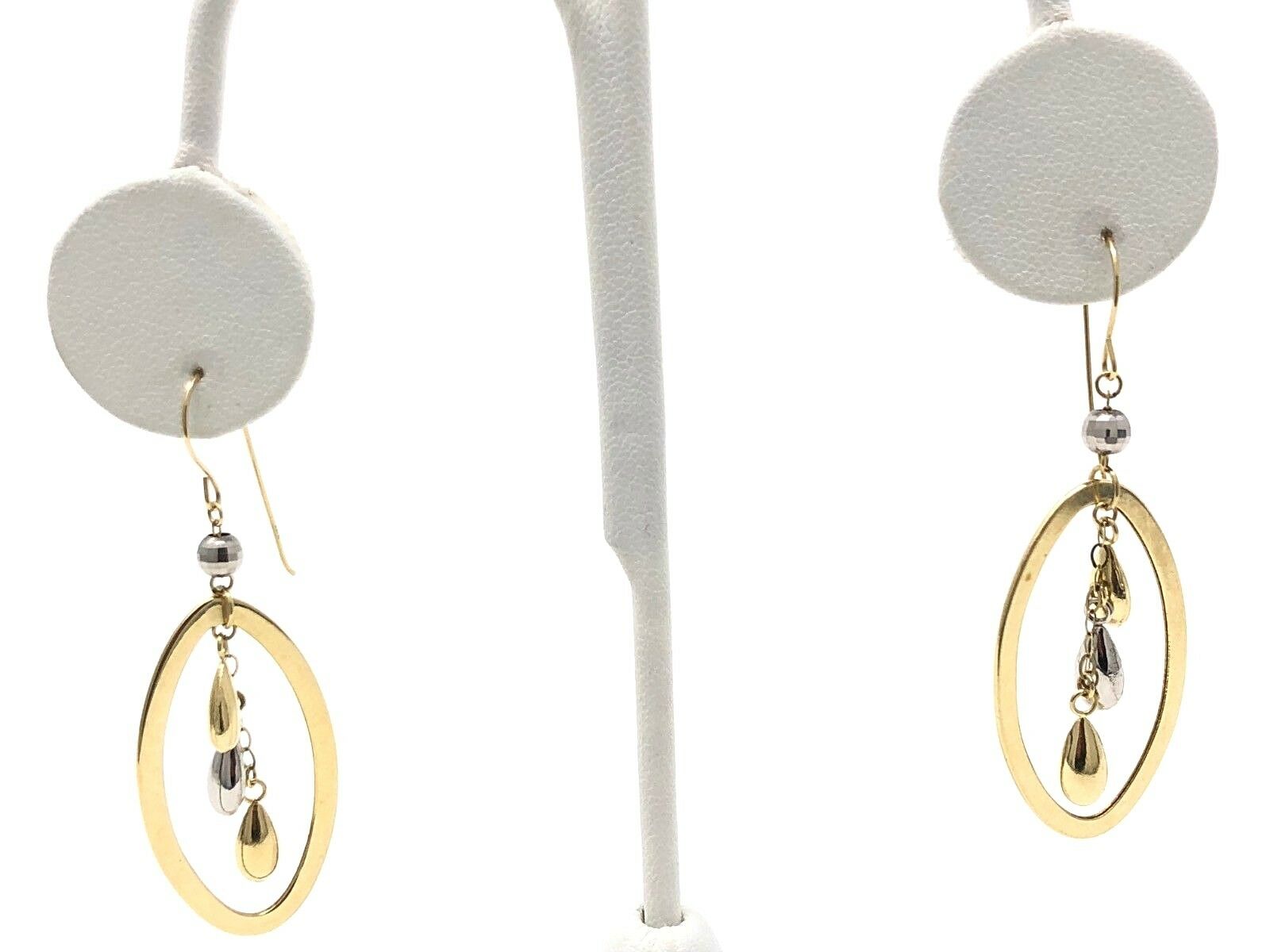 14k Two Tone Tear Gold Drop Oval Dangling Earrings 2" 2.7 grams