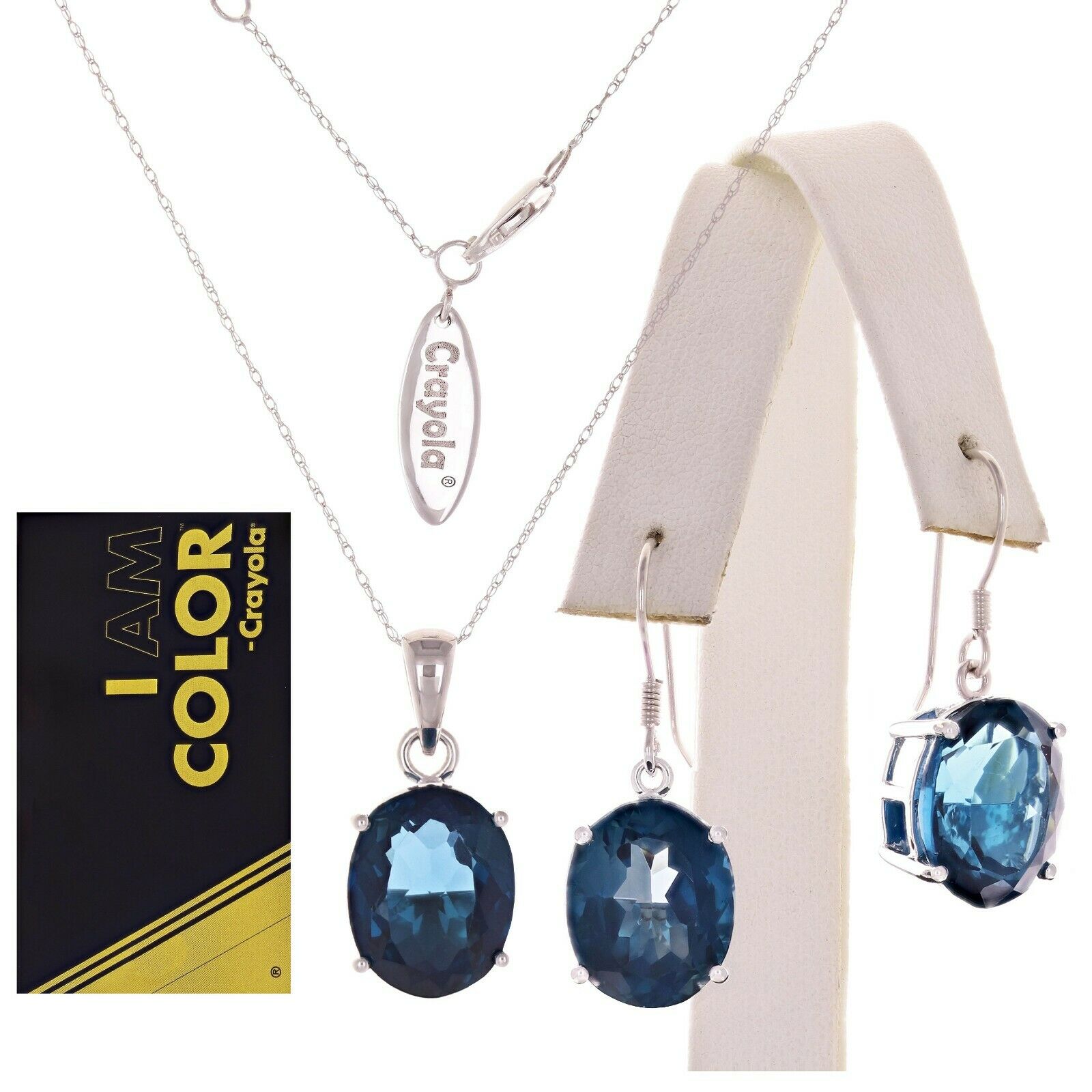 Crayola 14k White Gold Oval Midnight Blue Topaz Earrings & Pendant Necklace Set