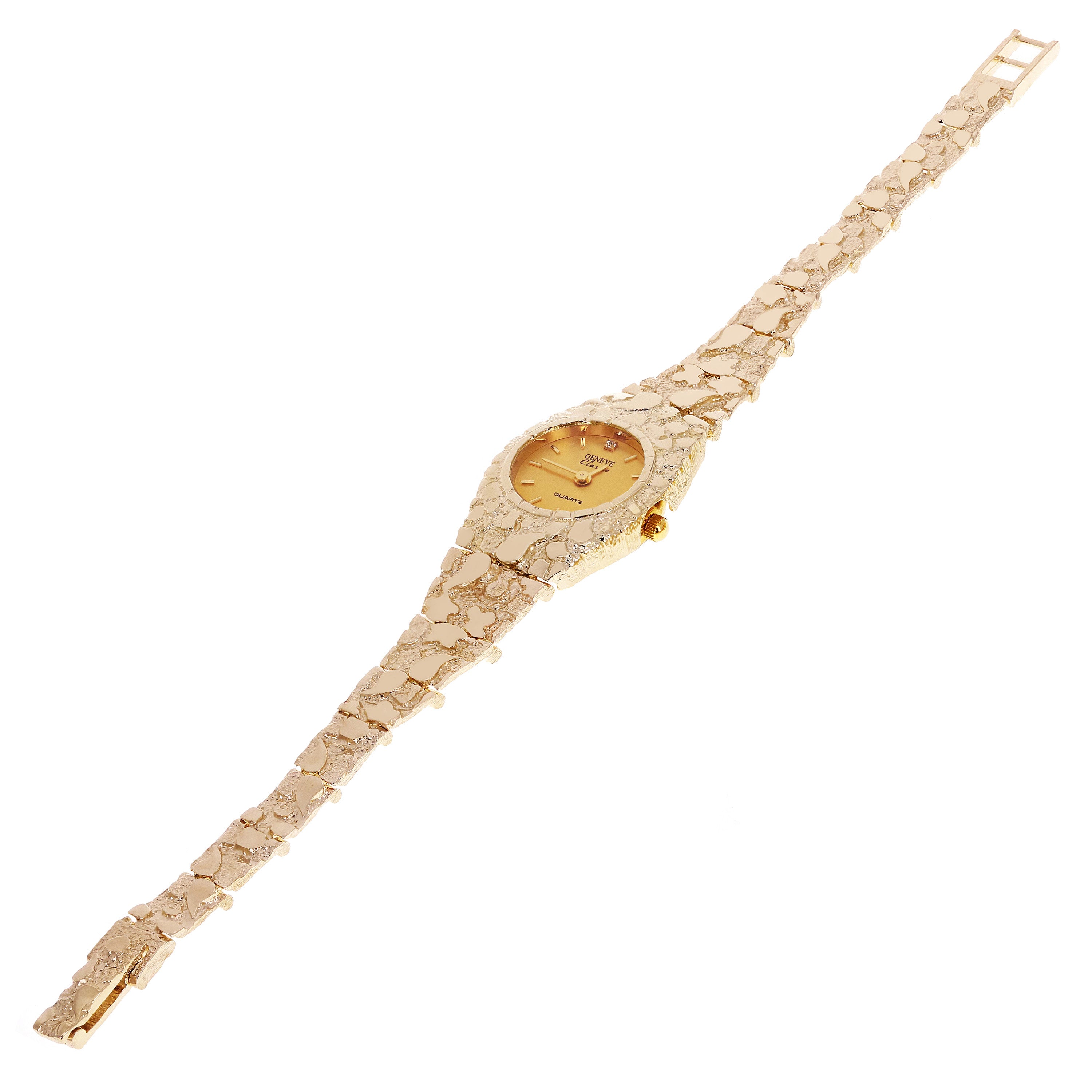 Womens 10k Yellow Gold Nugget Link Bracelet Geneve Wrist Watch with Diamond 7.5"