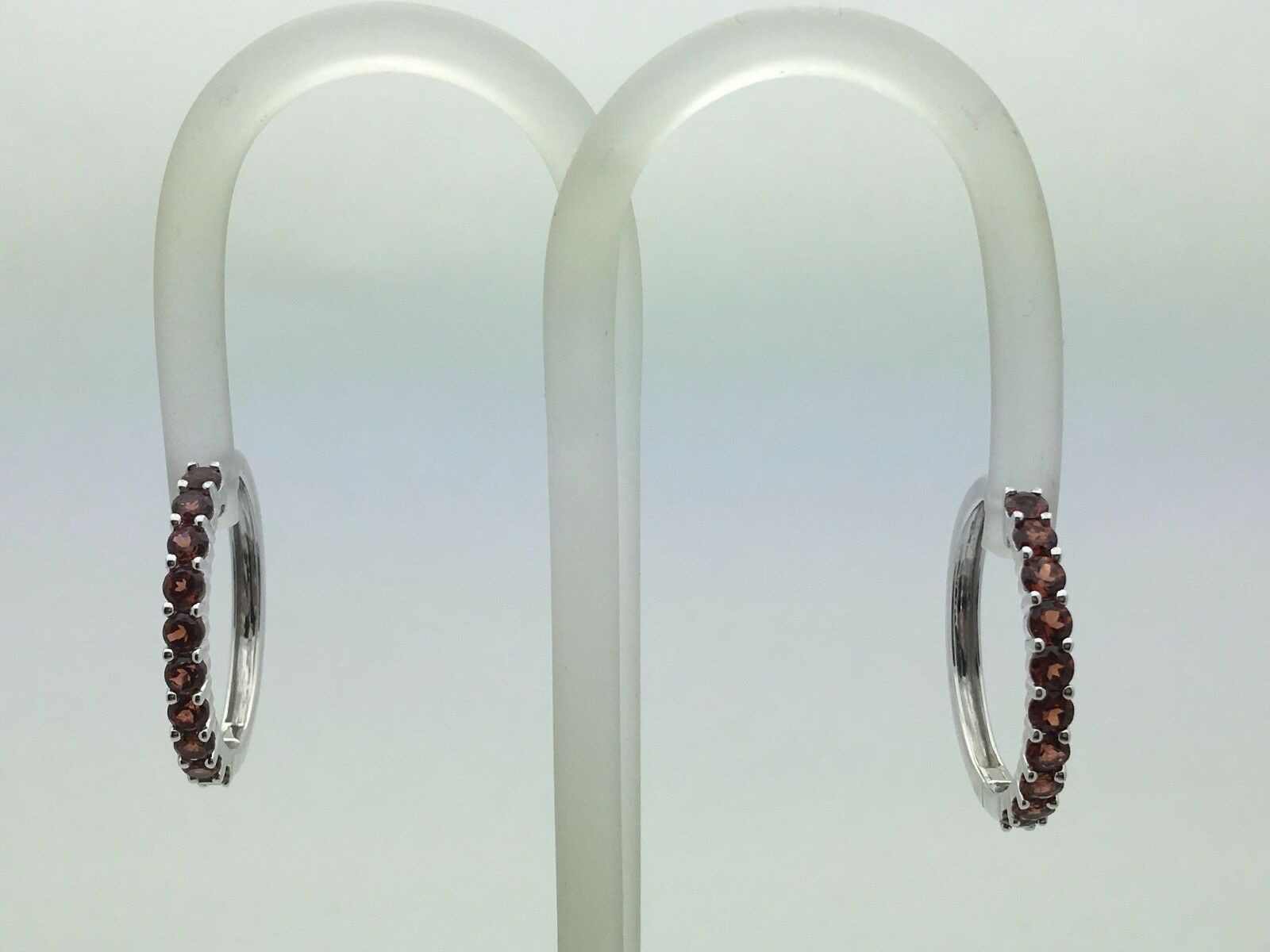 14k White Gold Hoop Loop Earrings with Natural Garnet Gemstones 6.2gram