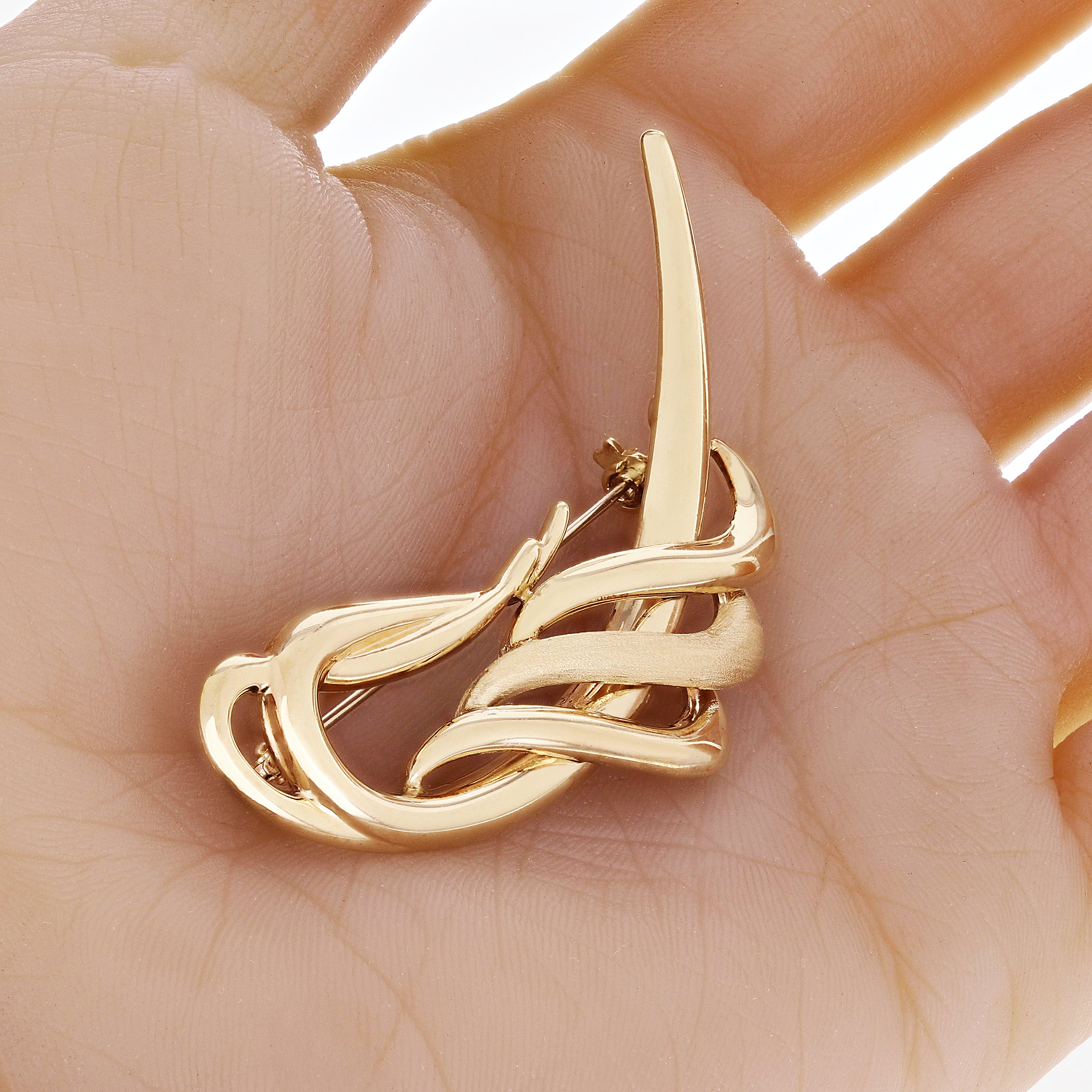 Italian 14k Yellow Gold Open Work Modernist Abstract Pin Brooch 2.6" 8.5 grams
