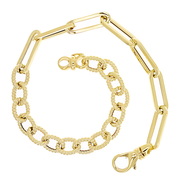 Italian 14k Yellow Gold Oval Twisted & Paper Clip Link Bracelet 7.75