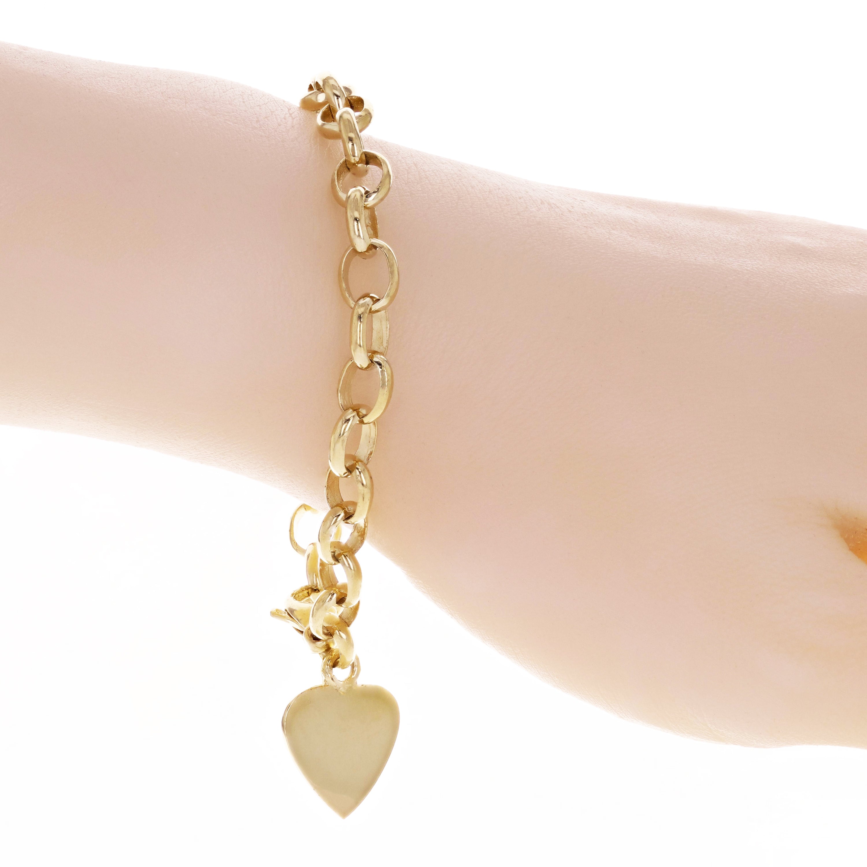 14k Yellow Gold Rolo Link Chain Heart Charm Bracelet 7.5" 16 grams