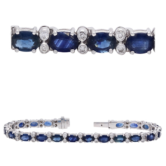 14k White Gold 0.80ctw Sapphire & Diamond Oval Link Bracelet 7