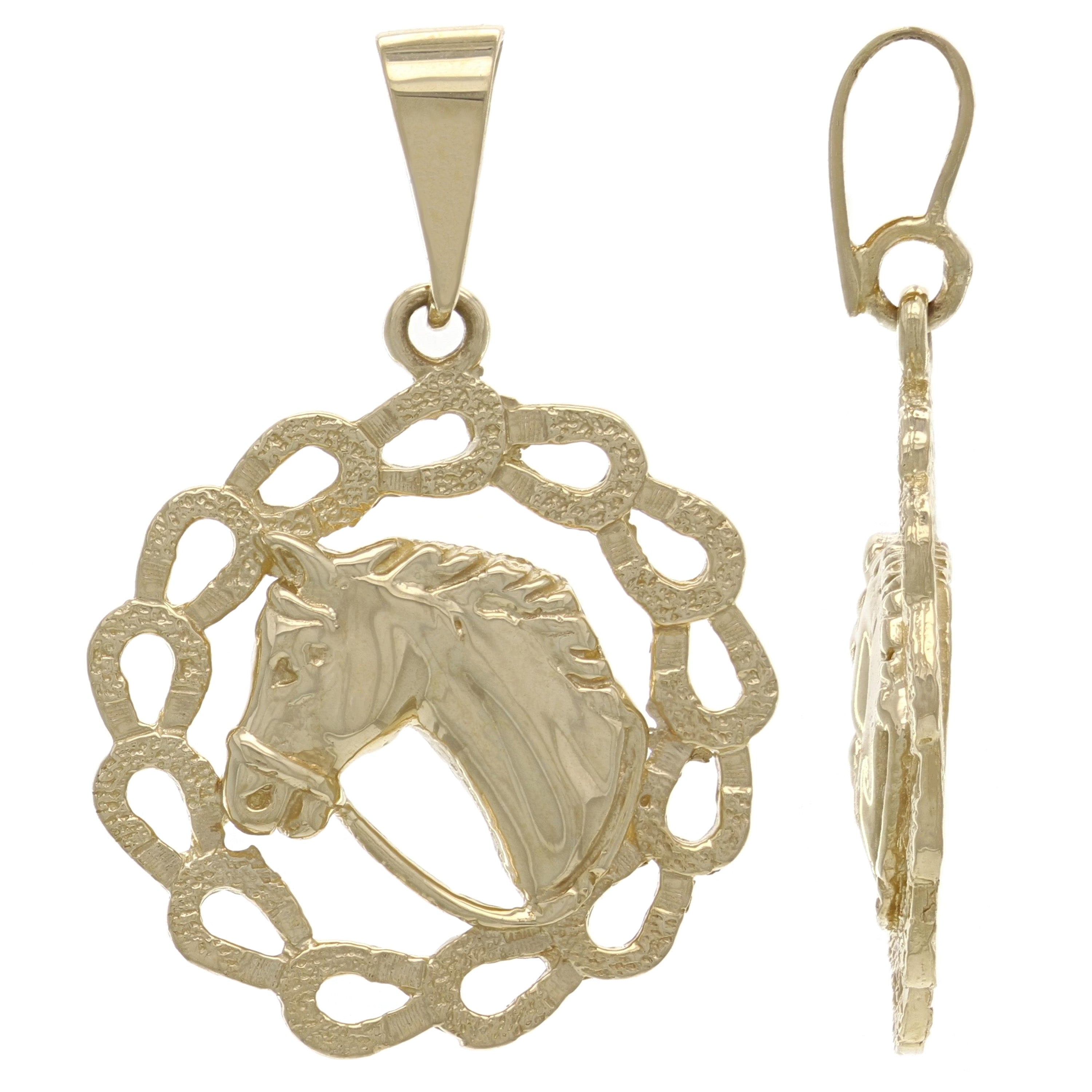 14k Yellow Gold Solid Horse Shoe Horse Face Charm Round Pendant 4.4 grams - Yellow