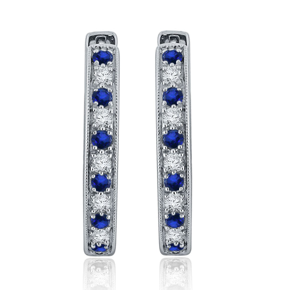 14k White Gold 0.25ctw Sapphire & Diamond Milgrain Oblong Oval Hoop Earrings