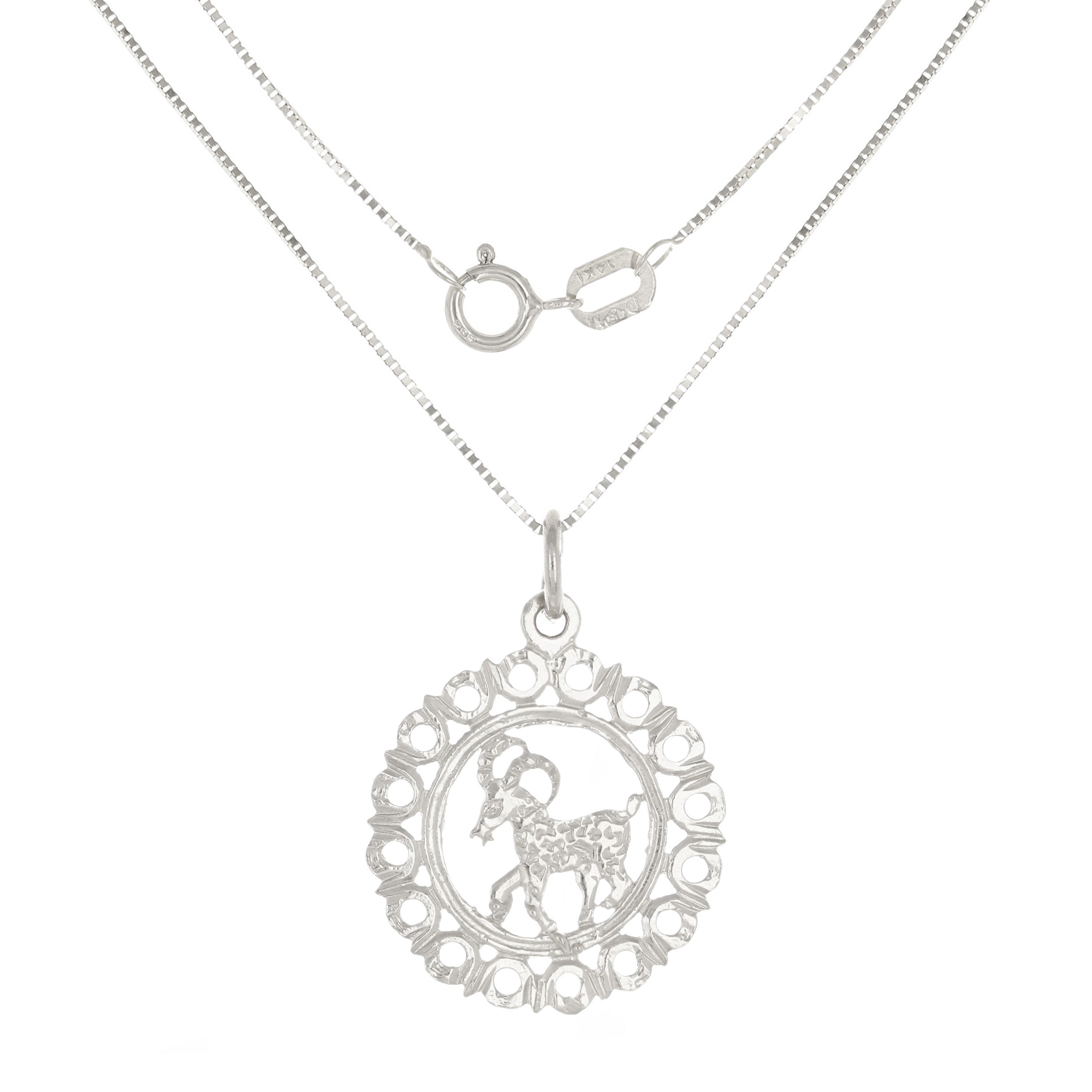 14k White Gold Zodiac Sign Aries Pendant Necklace 18" - Aries,White