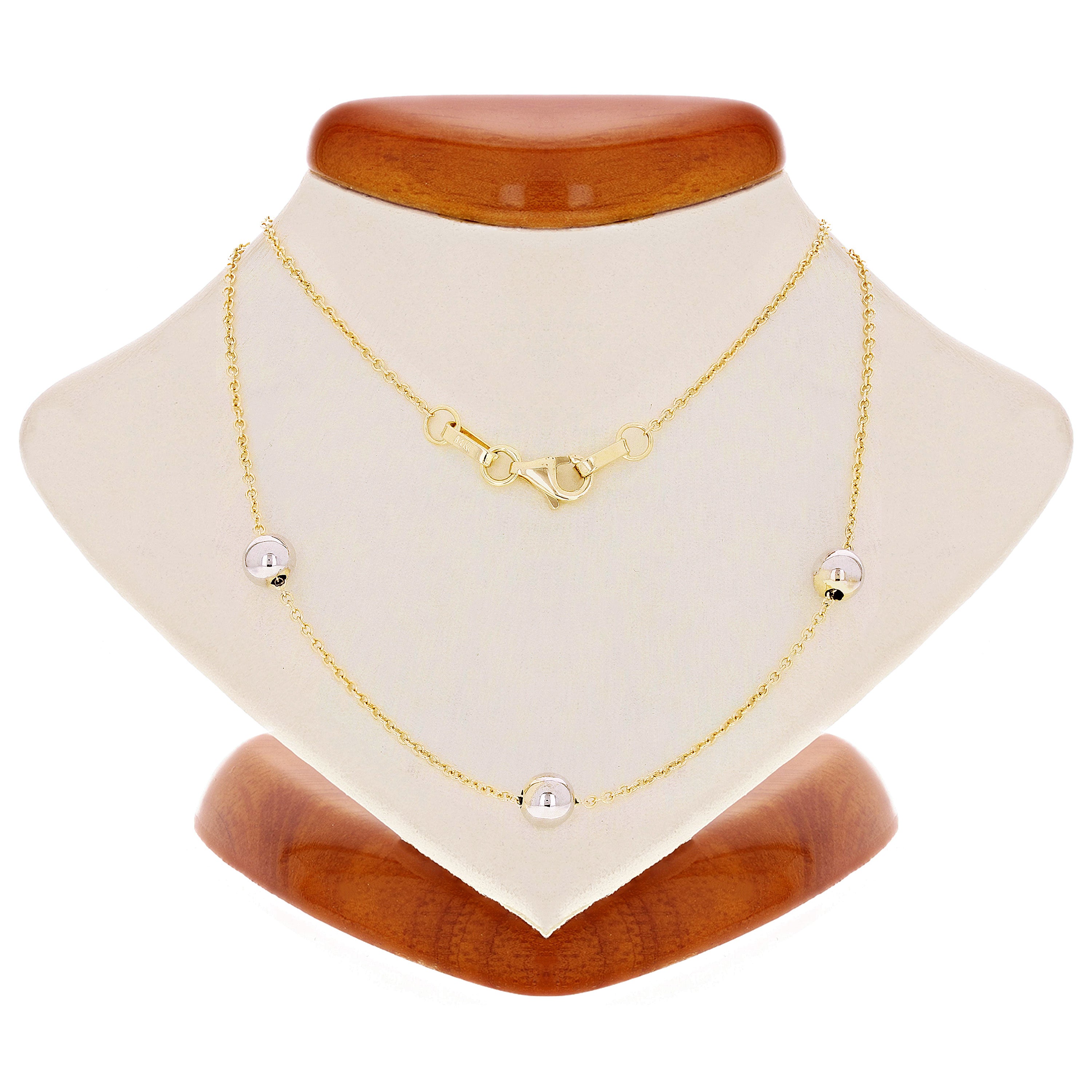 Italian 14k Two Tone Gold Polished Ball Bead Station Necklace 16.5" 5mm 2.1 gram