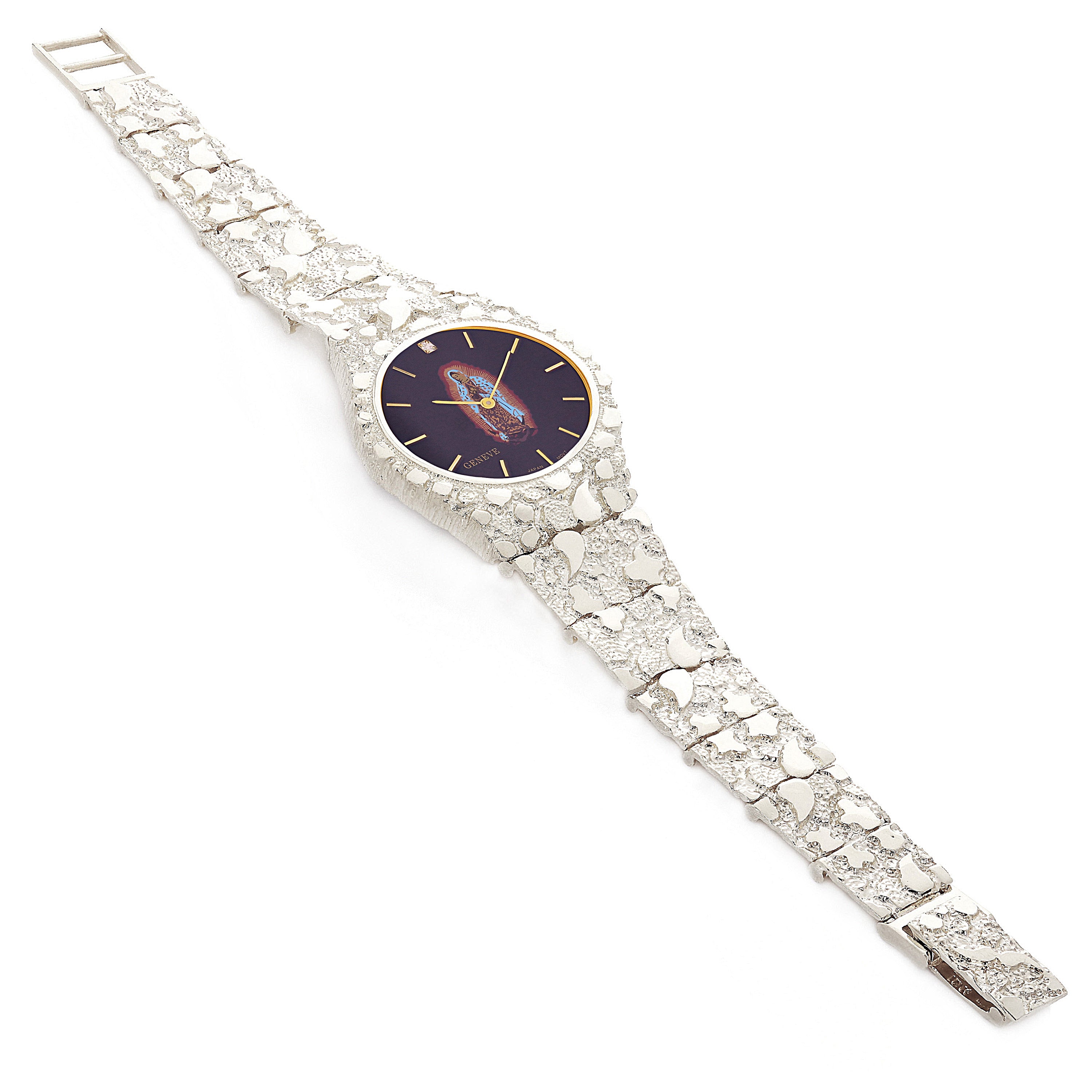 925 Sterling Silver Nugget Link Band Geneve Guadalupe Diamond Watch 8-8.5" 48 grams - 8" 48 grams
