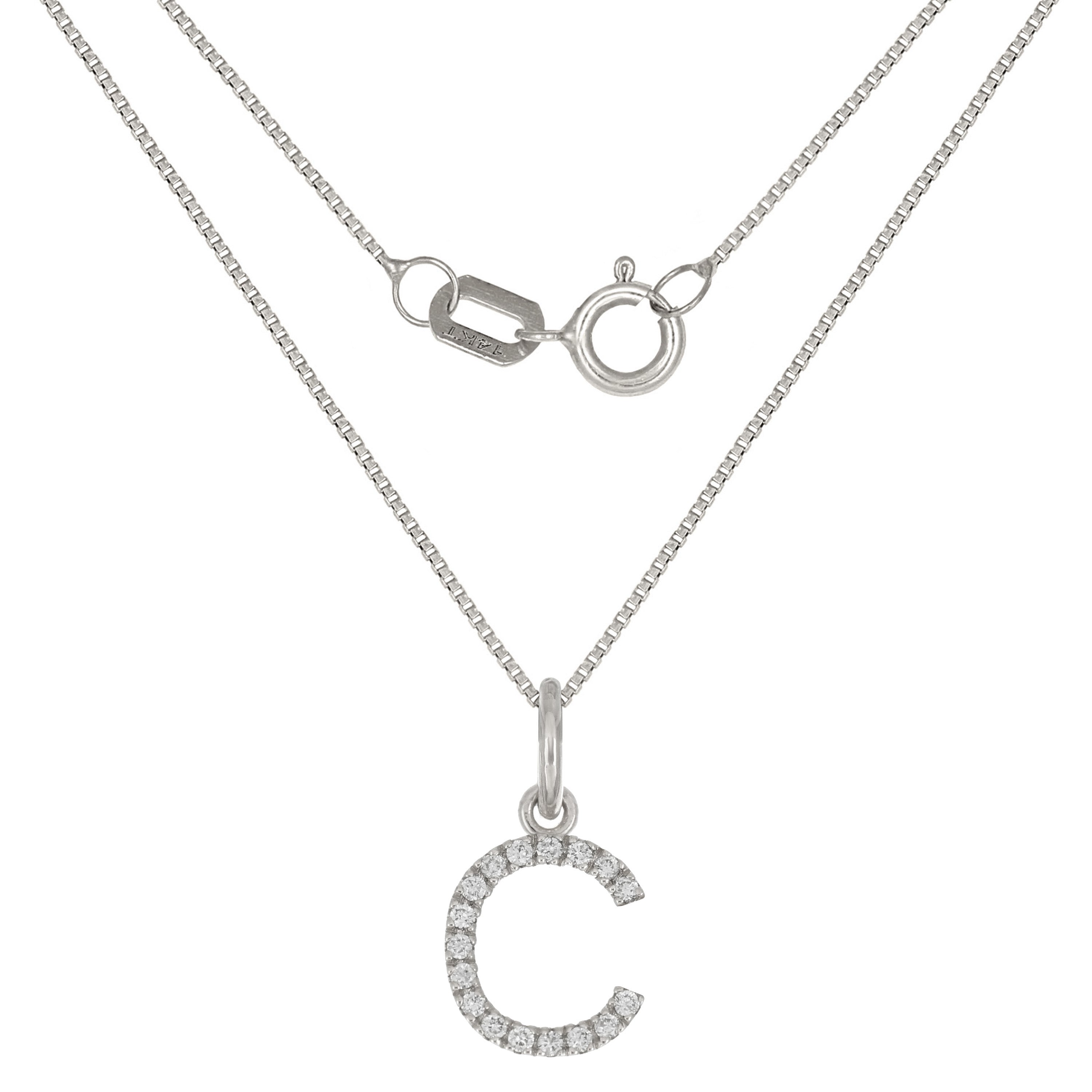 14k White Gold Diamond Initial Letter C Charm Pendant Necklace 18" - Letter C,White