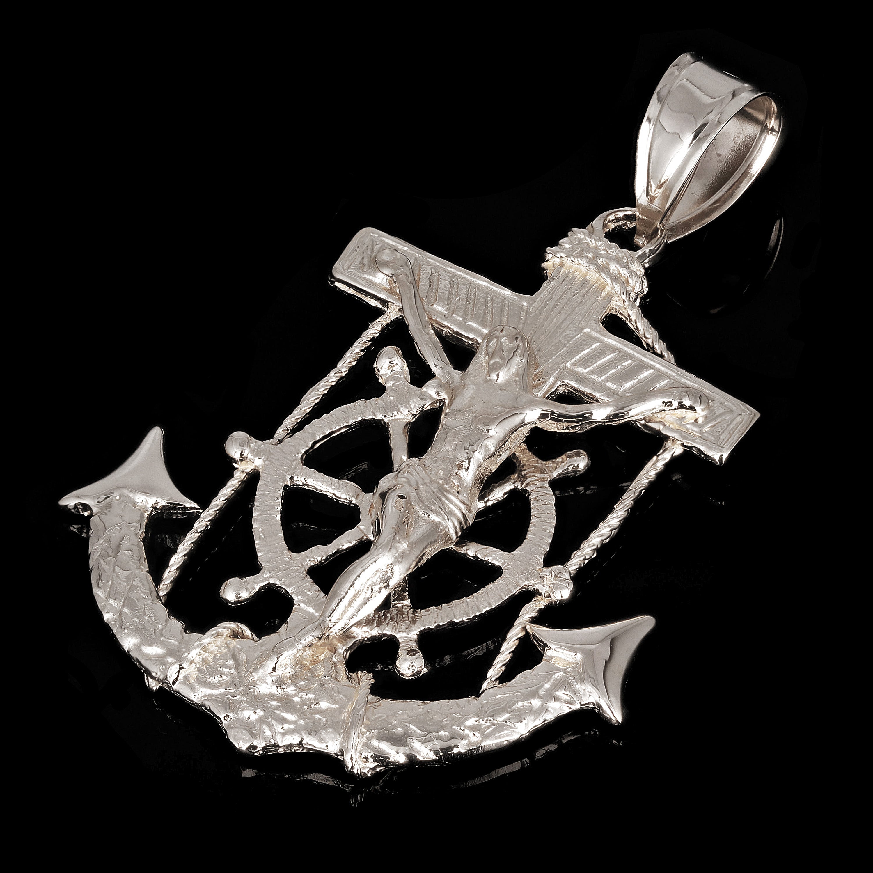 10k White Gold Jesus Christ Crucifix Mariner Anchor Pendant 2.5" 14.5 grams - White