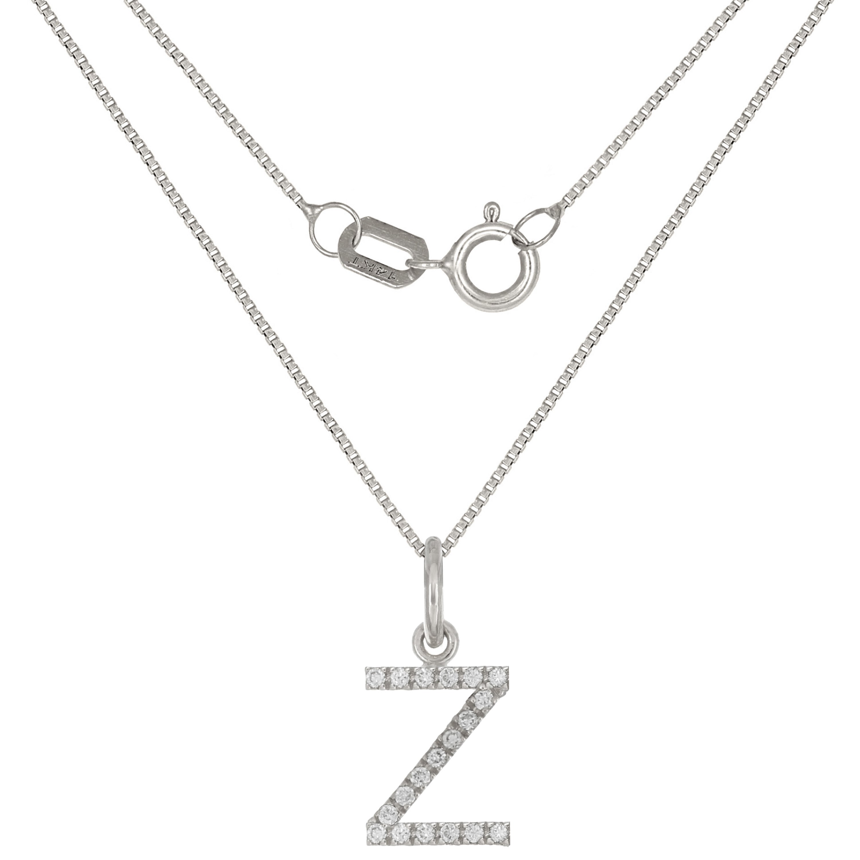 14k White Gold Diamond Initial Letter Z Charm Pendant Necklace 18" - Letter Z,White
