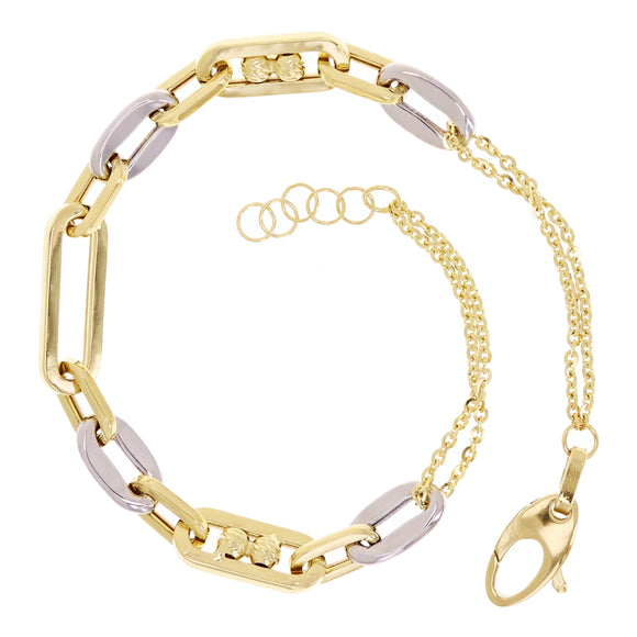 Italian 14k Two Tone Gold Oval & Paper Link Chain Bracelet 7.5