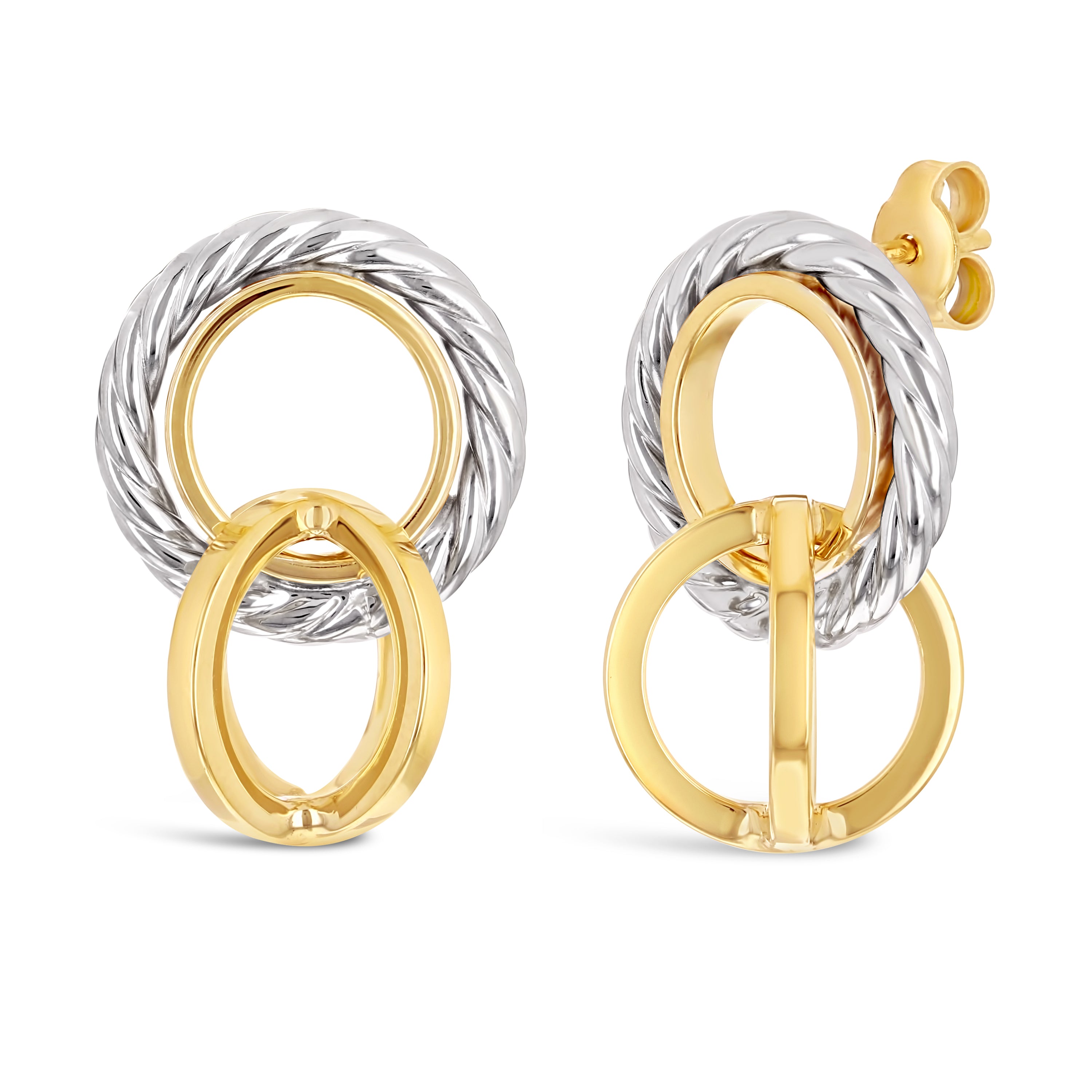 Italian 14k Yellow & White Gold Tangent Hoop Rope Eternity Circle Drop Earrings - Tangent Rope Eternity