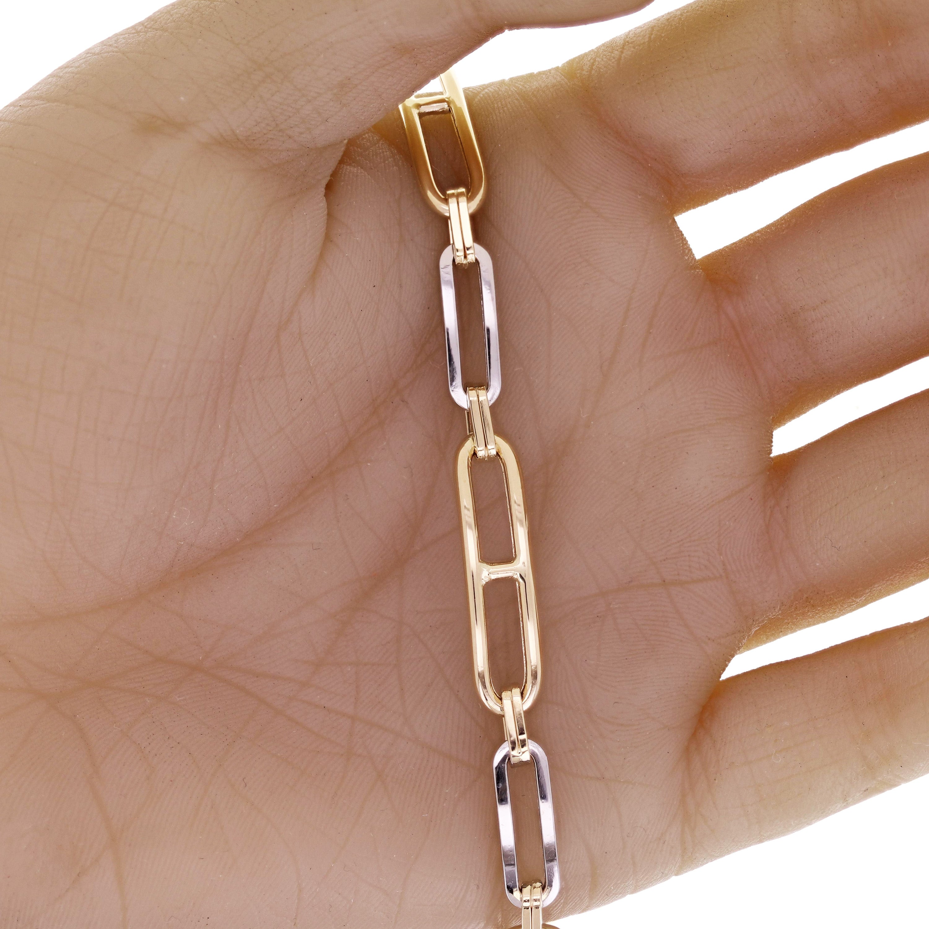 Italian 14k Yellow & White Gold Paper Clip Link Chain Bracelet 7.5" 6.3 grams