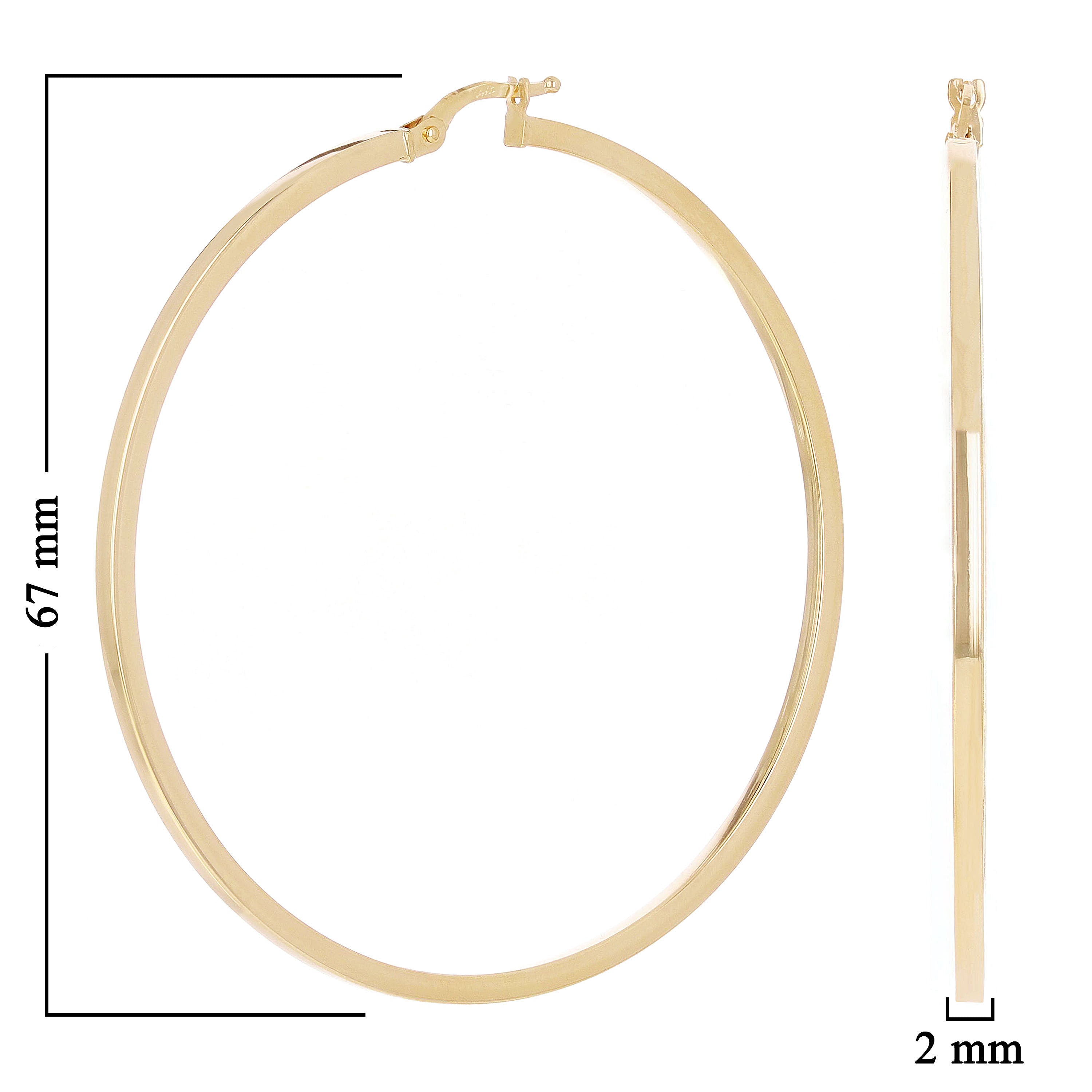 Italian 14k Yellow Gold Flat Tube Hollow Hoop Earrings 2.6" 2mm  4.4 grams