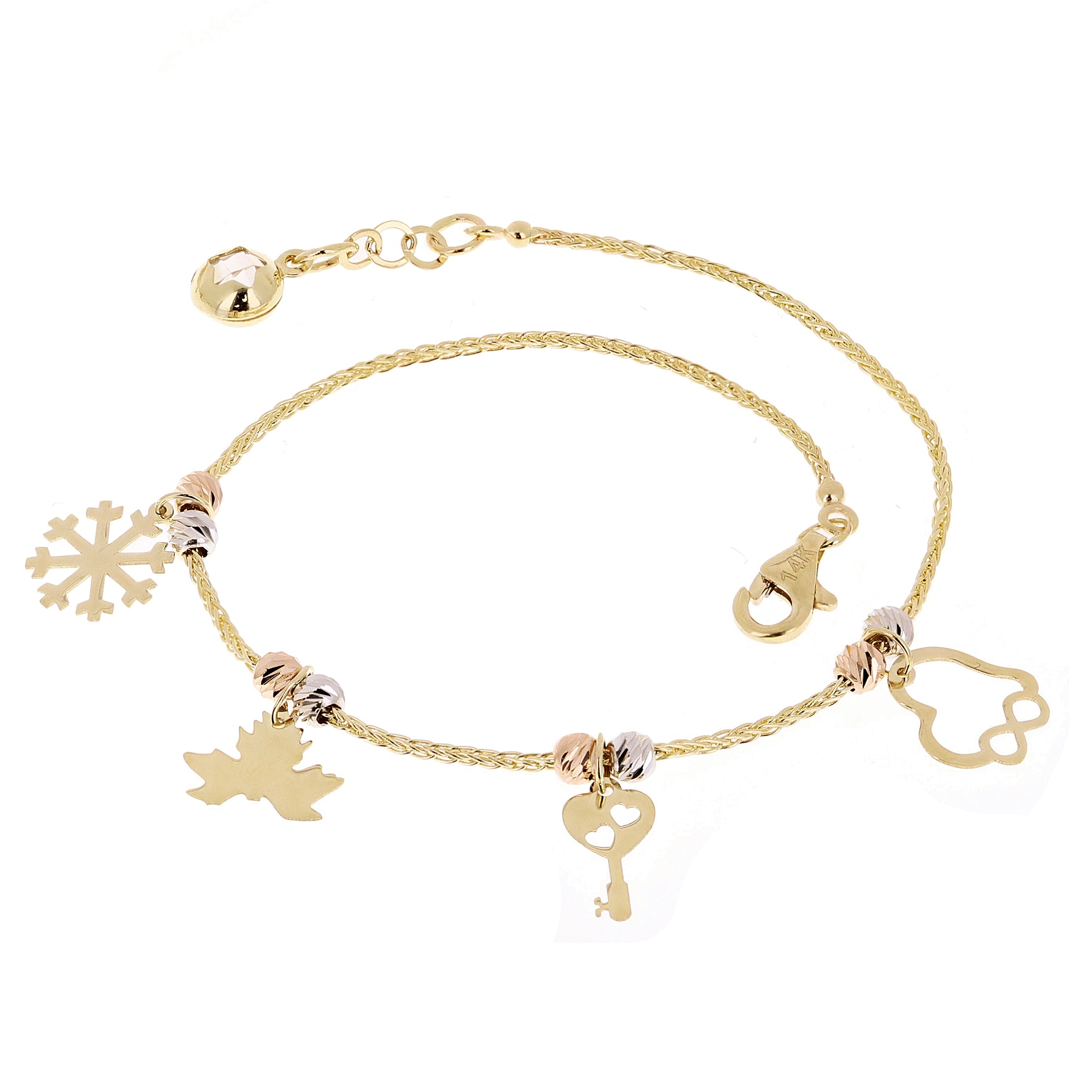 14k Tri Color Gold Snow Flake Key Leaf Heart Infinity Charm Bracelet 7" 2.7grams