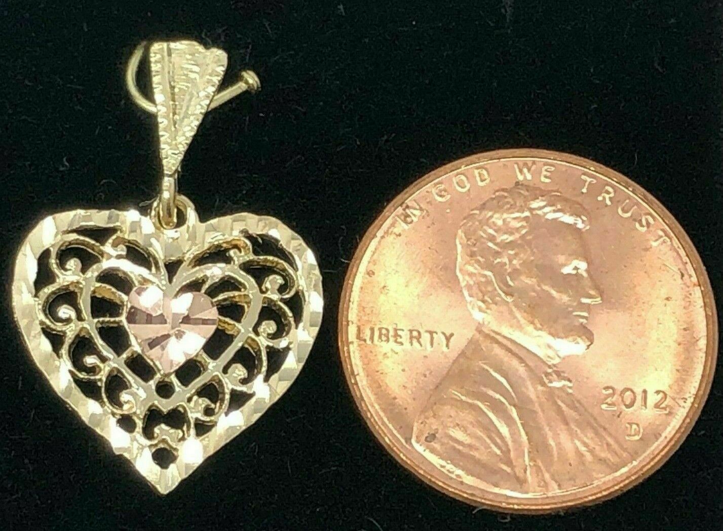 14k Two Tone Rose and Yellow Gold Solid Filigree Heart Charm Pendant 1.1 grams