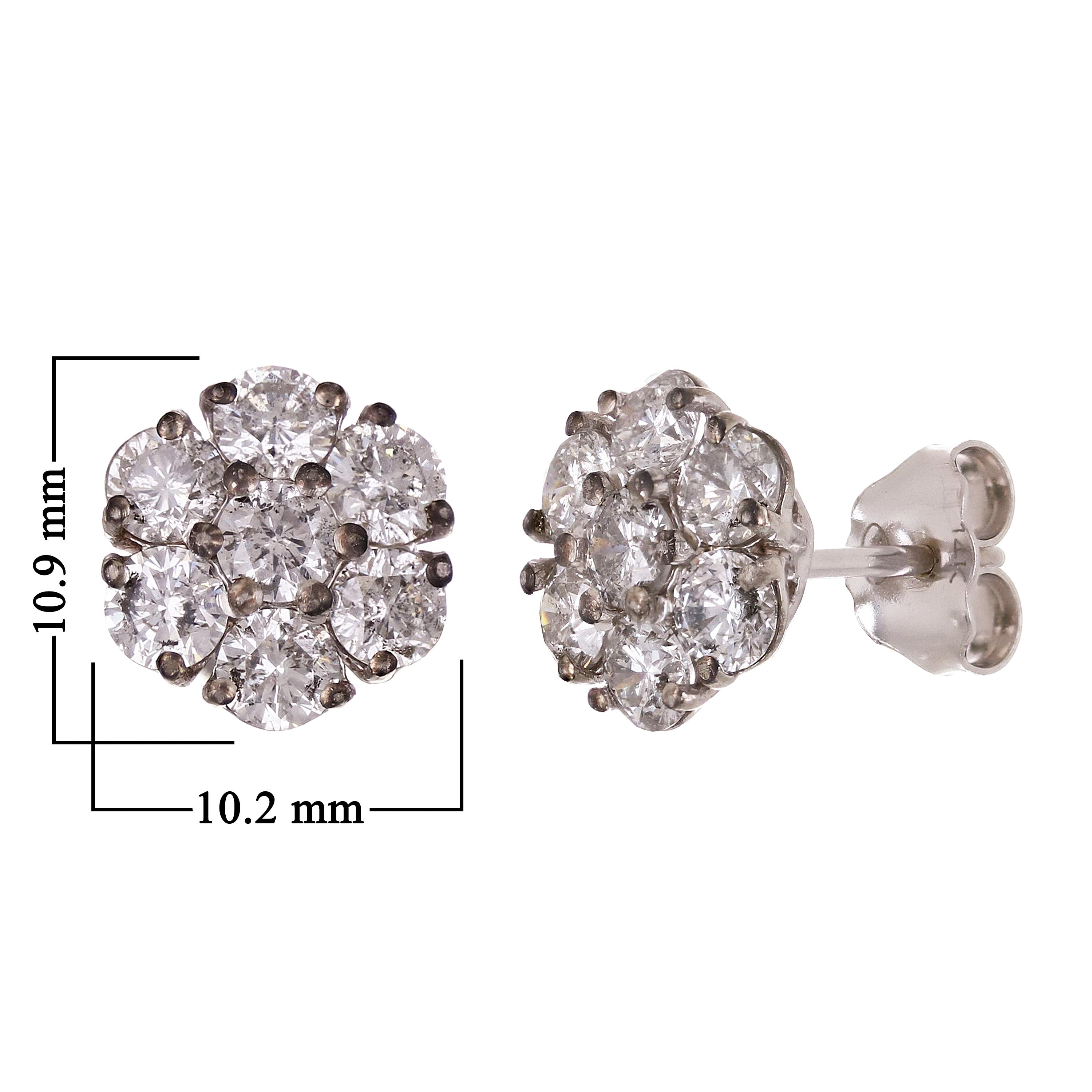 14k White Gold Flower Cluster Round Diamond Stud Earrings 3.01ctw 10.9mm 3 grams
