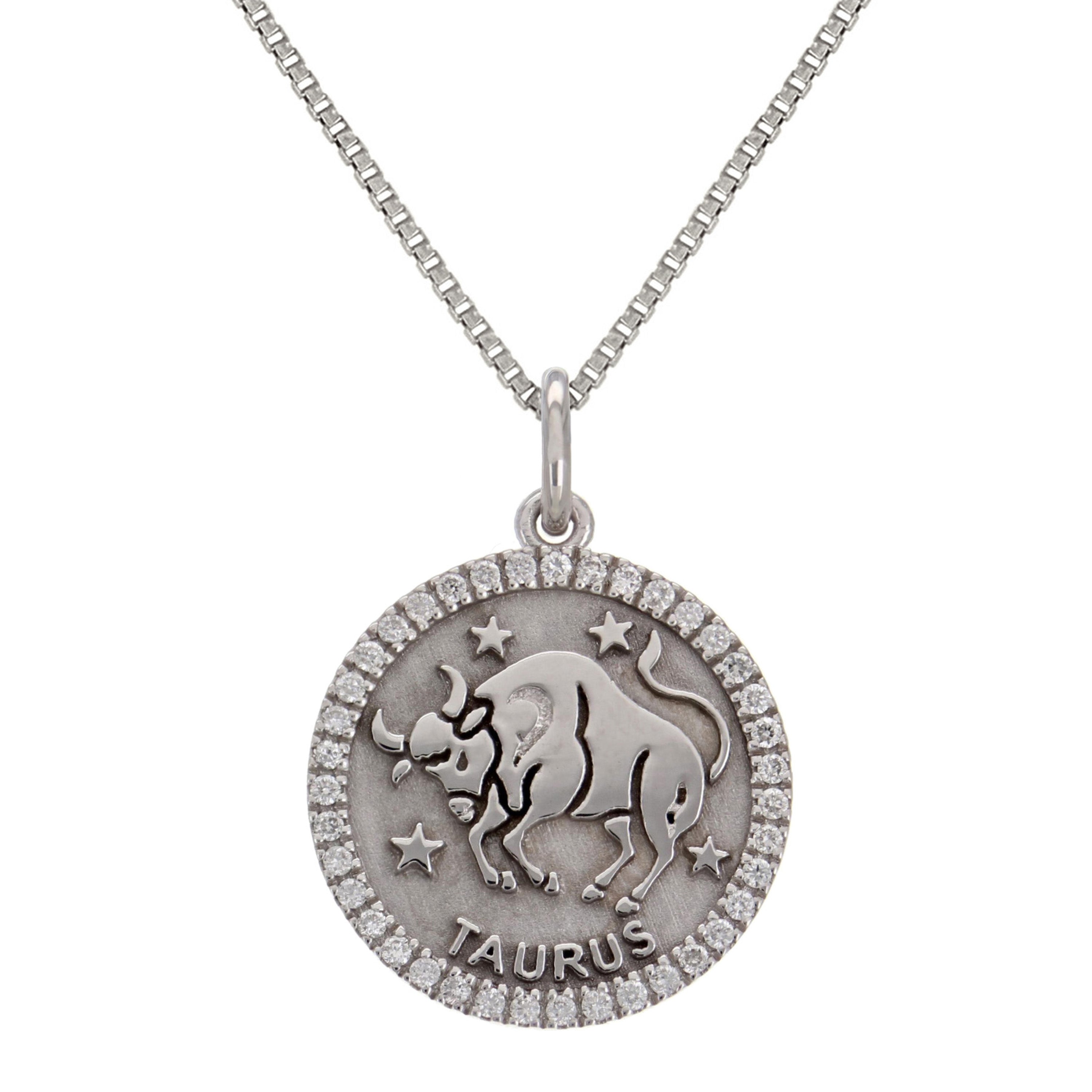 14k White Gold Diamond Zodiac Sign Taurus Pendant Necklace 18" - Taurus,White