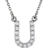 14k White Gold Diamond Initial Letter U Alphabet Rolo Pendant Necklace 18" - Letter U,White