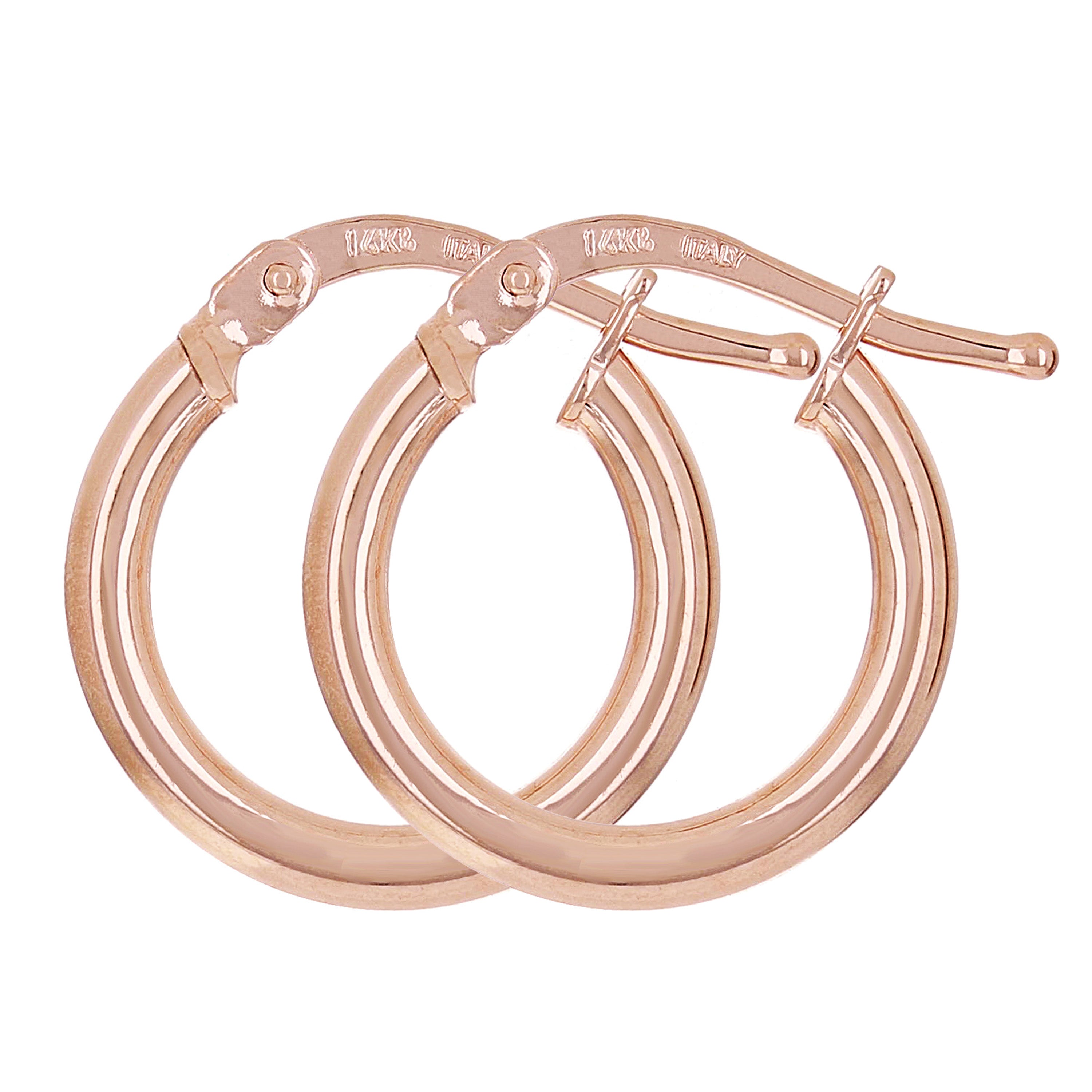 Italian 14k Rose Gold High Polished Plain Hollow Hoop Earrings 15.4 x 2mm 1 gram - Rose,Size 0.5" 1 grams