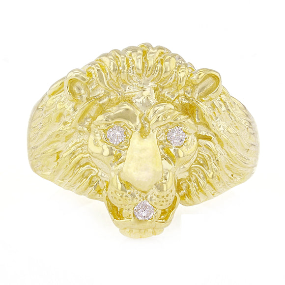 14k Yellow Gold Lion Head w/ Diamond Eyes & Mouth Ring Size 7 - Ring Size 7