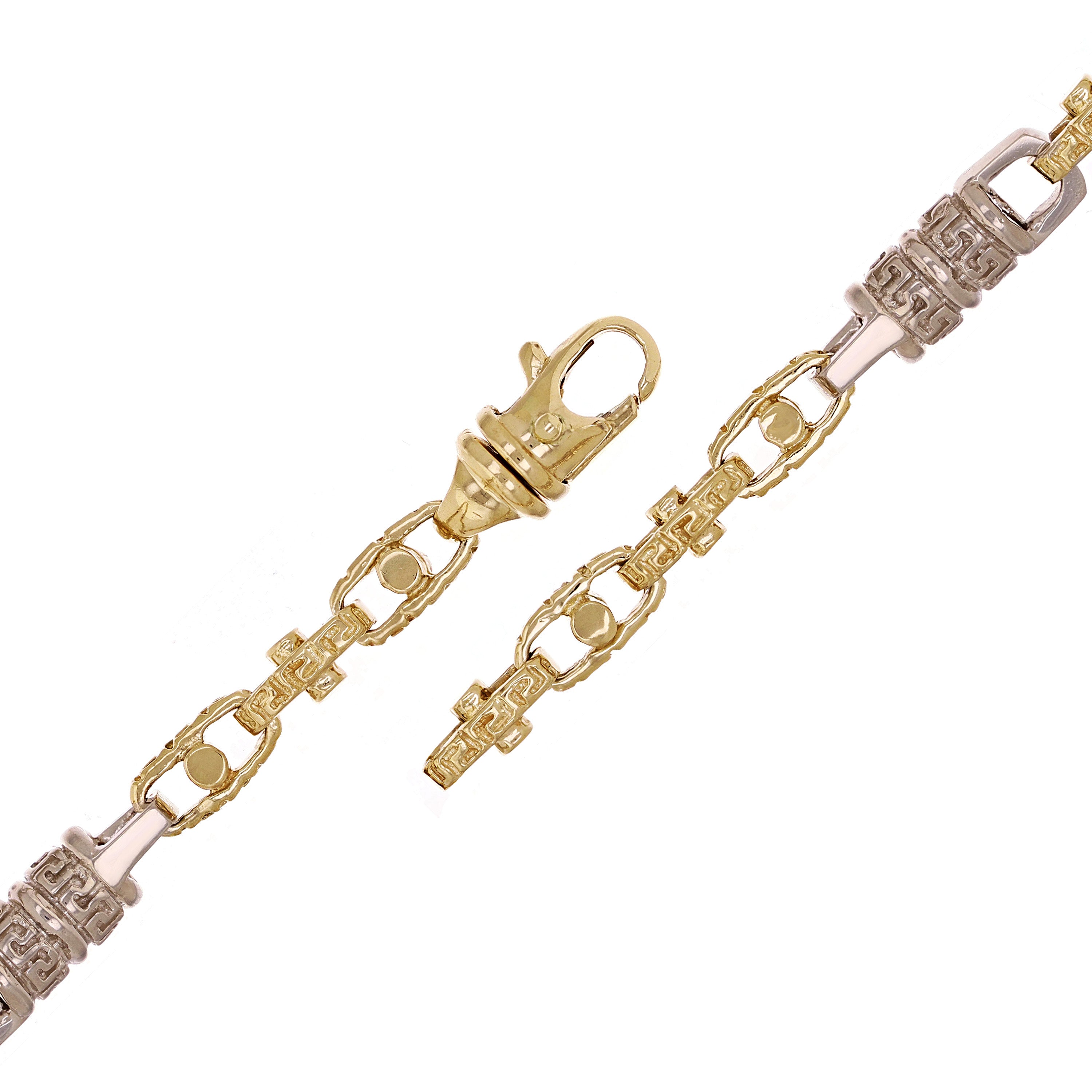 14k Yellow & White Gold Greek Barrell & Links Gold Bracelet 7" 7.5mm 28.6 grams - 7" 28.6 grams