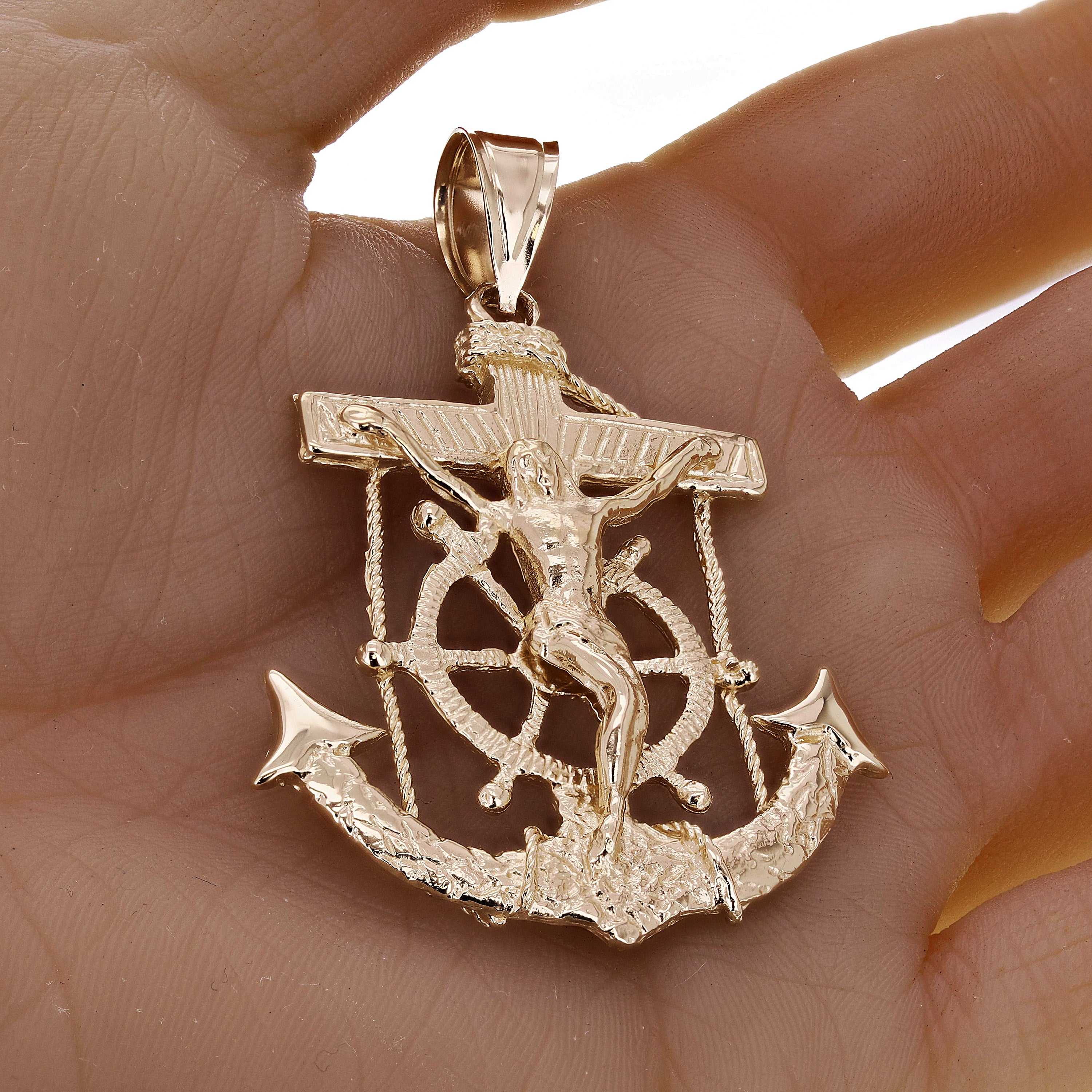 14k Yellow Gold Jesus Christ Crucifix Mariner Anchor Pendant 2.5" 16 grams - Yellow