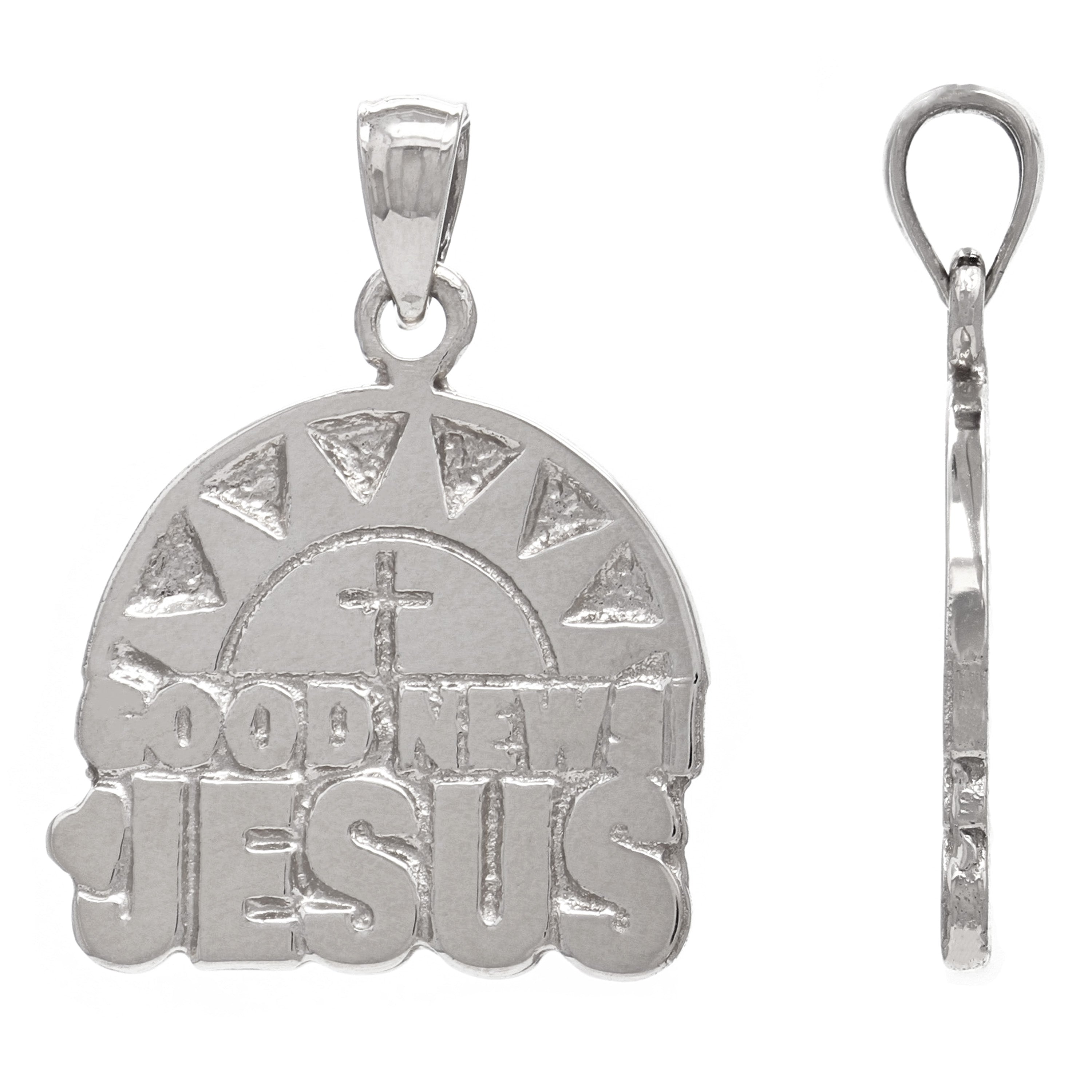 14k White Gold Sun Cross GOOD NEWS JESUS Pendant - White