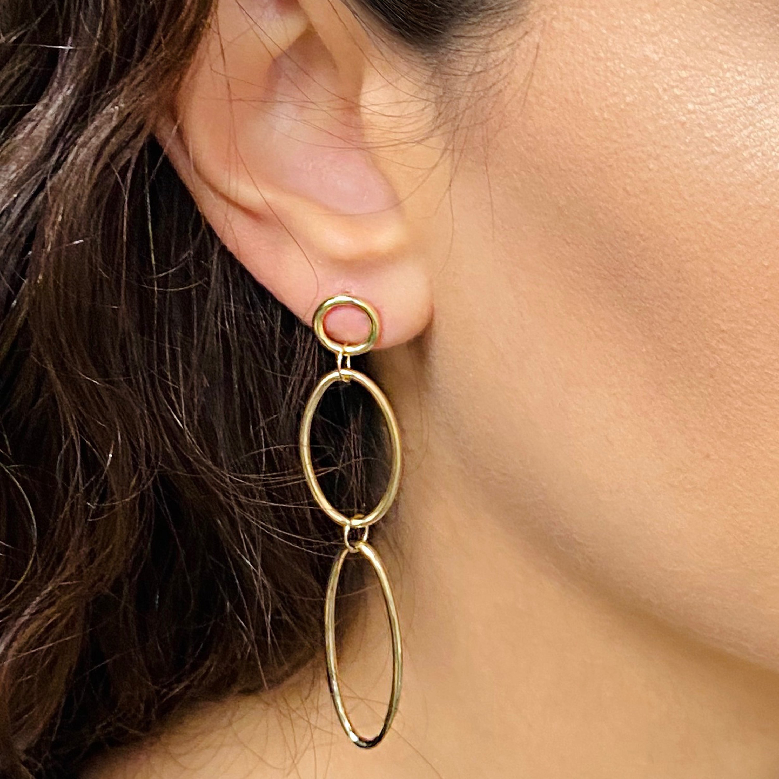 Italian 14k Yellow Gold Polished Graduated Elongated Oval Dangle Earrings 2.7"