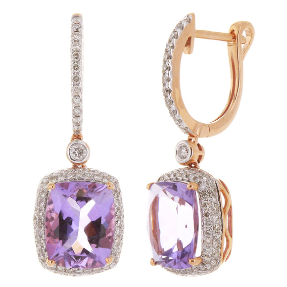 14k Rose Gold 0.80ctw Amethyst & Diamond Dangle Drop Hoop Earrings